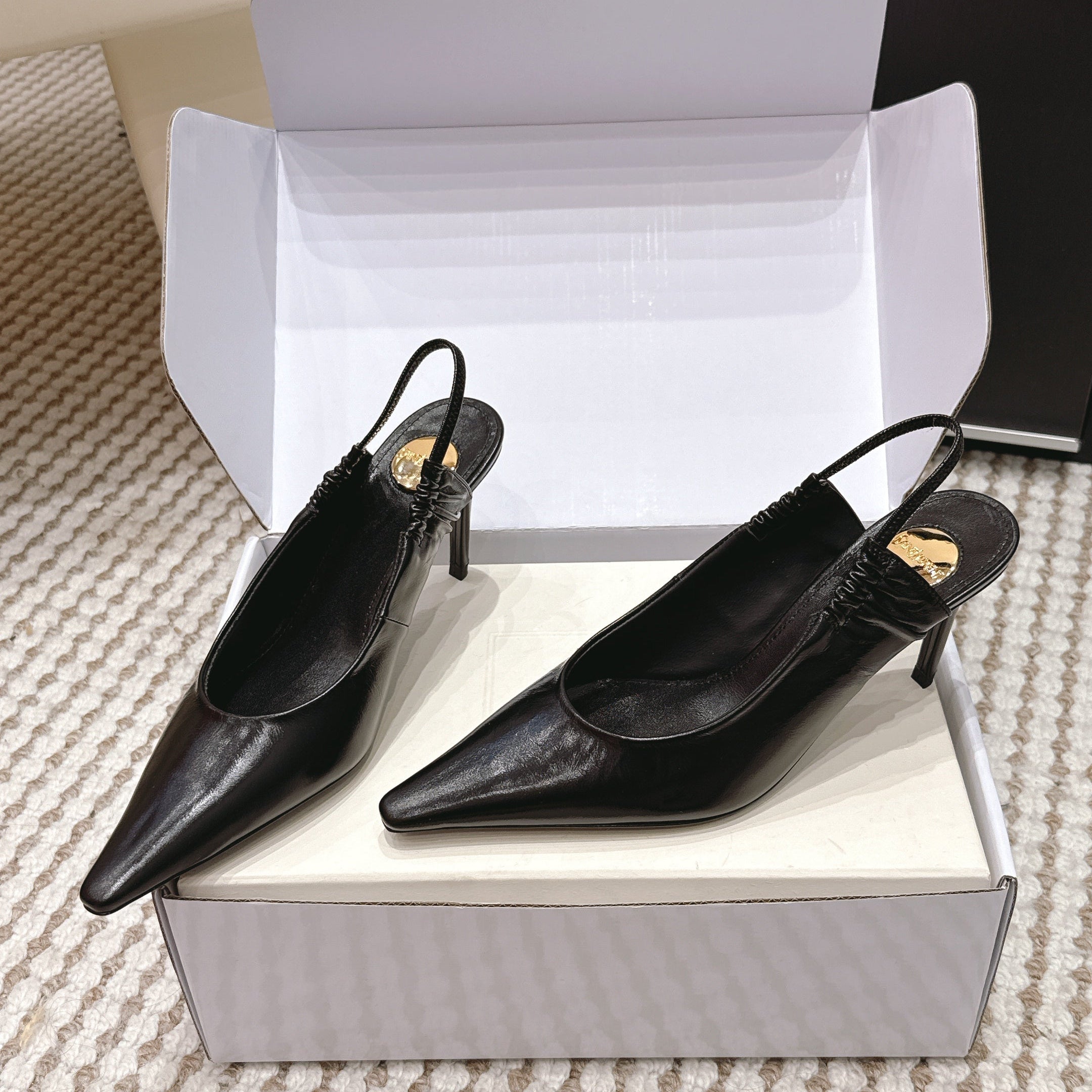YSL 26ss Slingback 75 Black Glossy Leather 654715