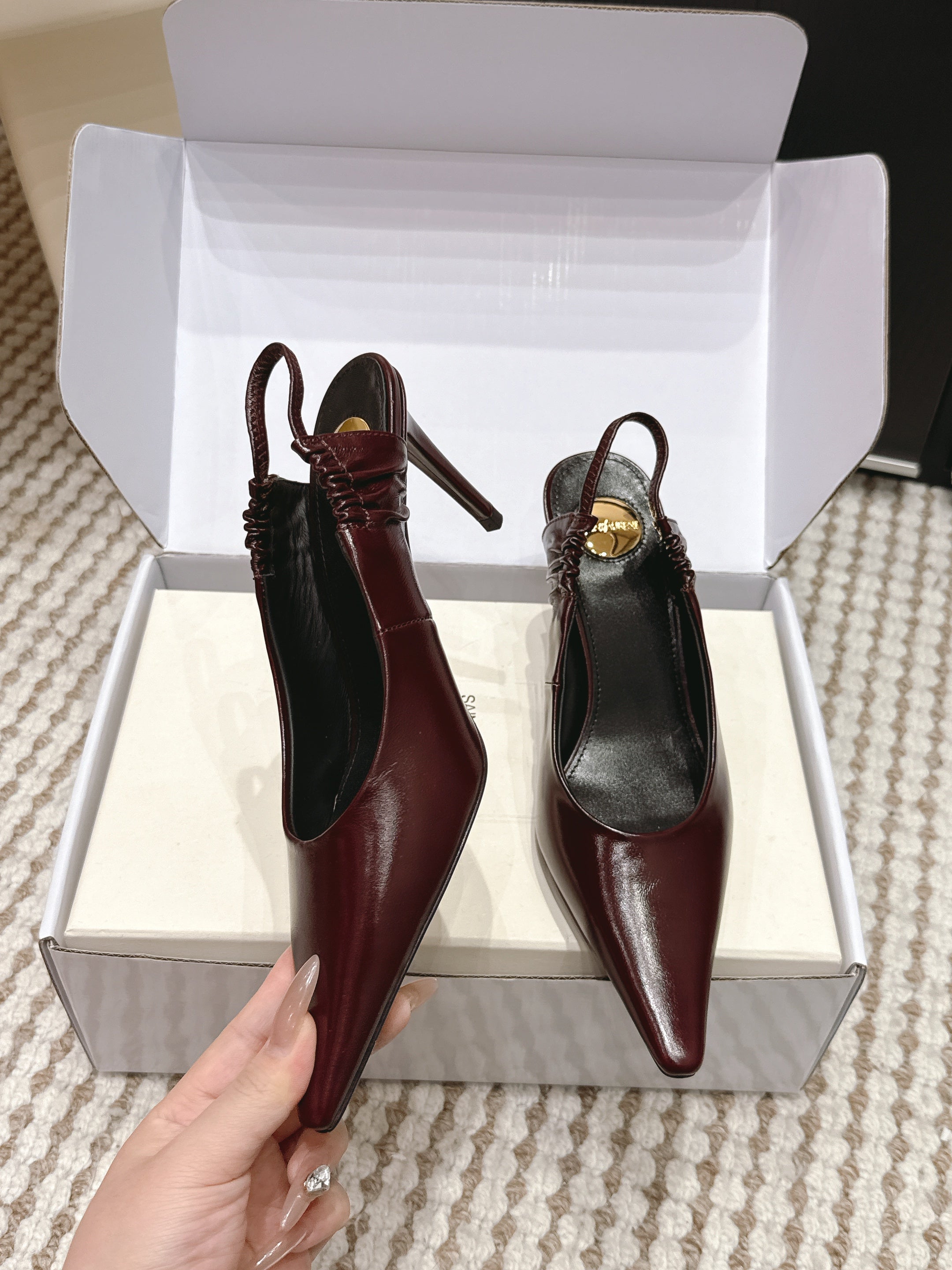 YSL 26ss Slingback 75 Burgundy Glossy Leather  654717