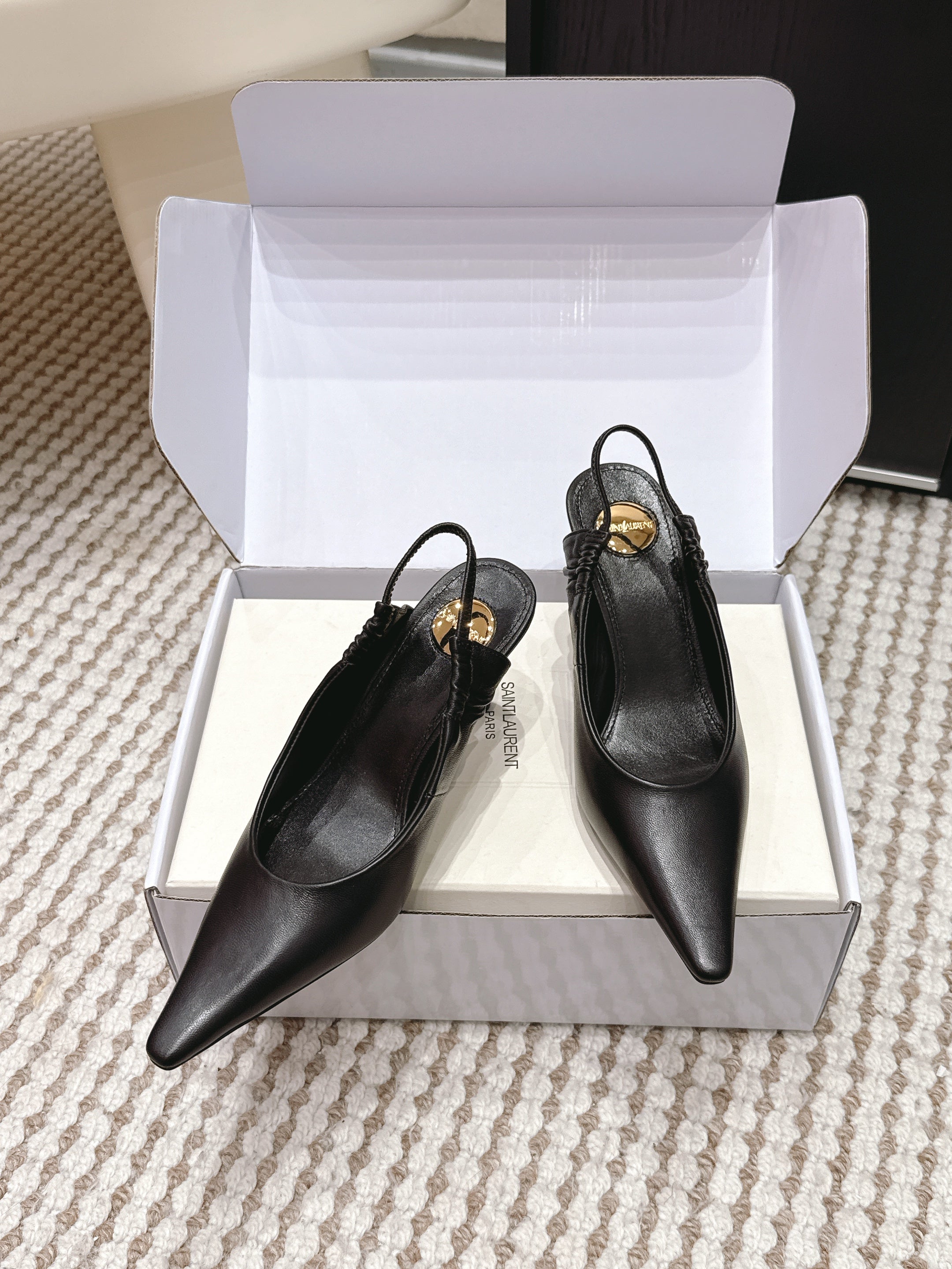 YSL 26ss Slingback 75 Black Sheepskin 654719