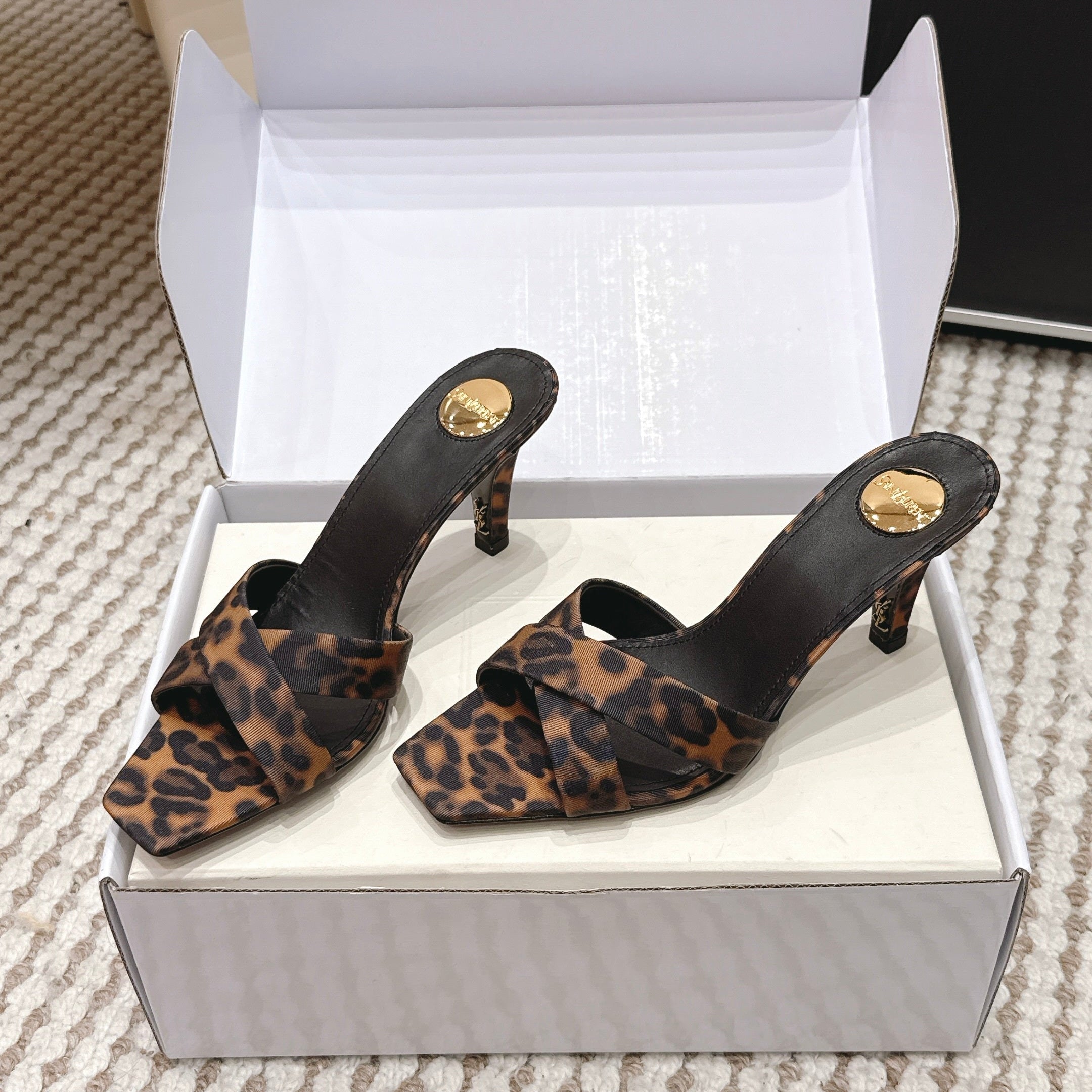 YSL 26ss High-Heeled Mules 75 Leopard Print Fabric Leather 660664