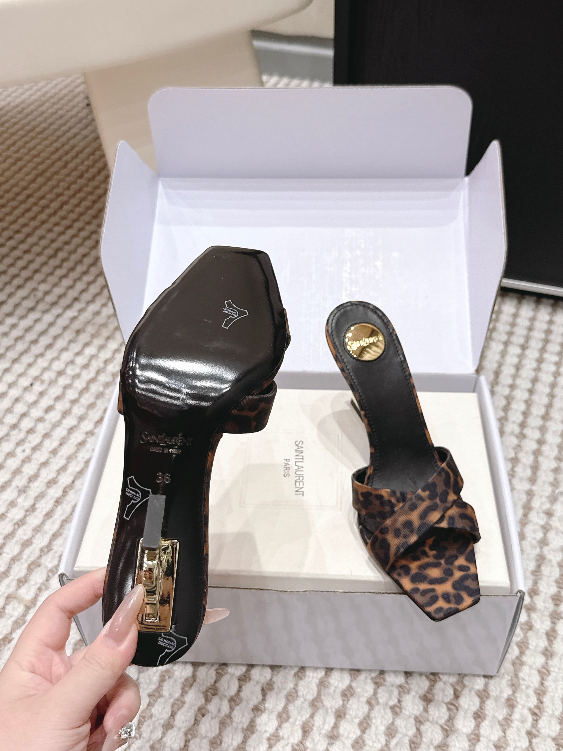 YSL 26ss High-Heeled Mules 85 Leopard Print Fabric Leather 660675