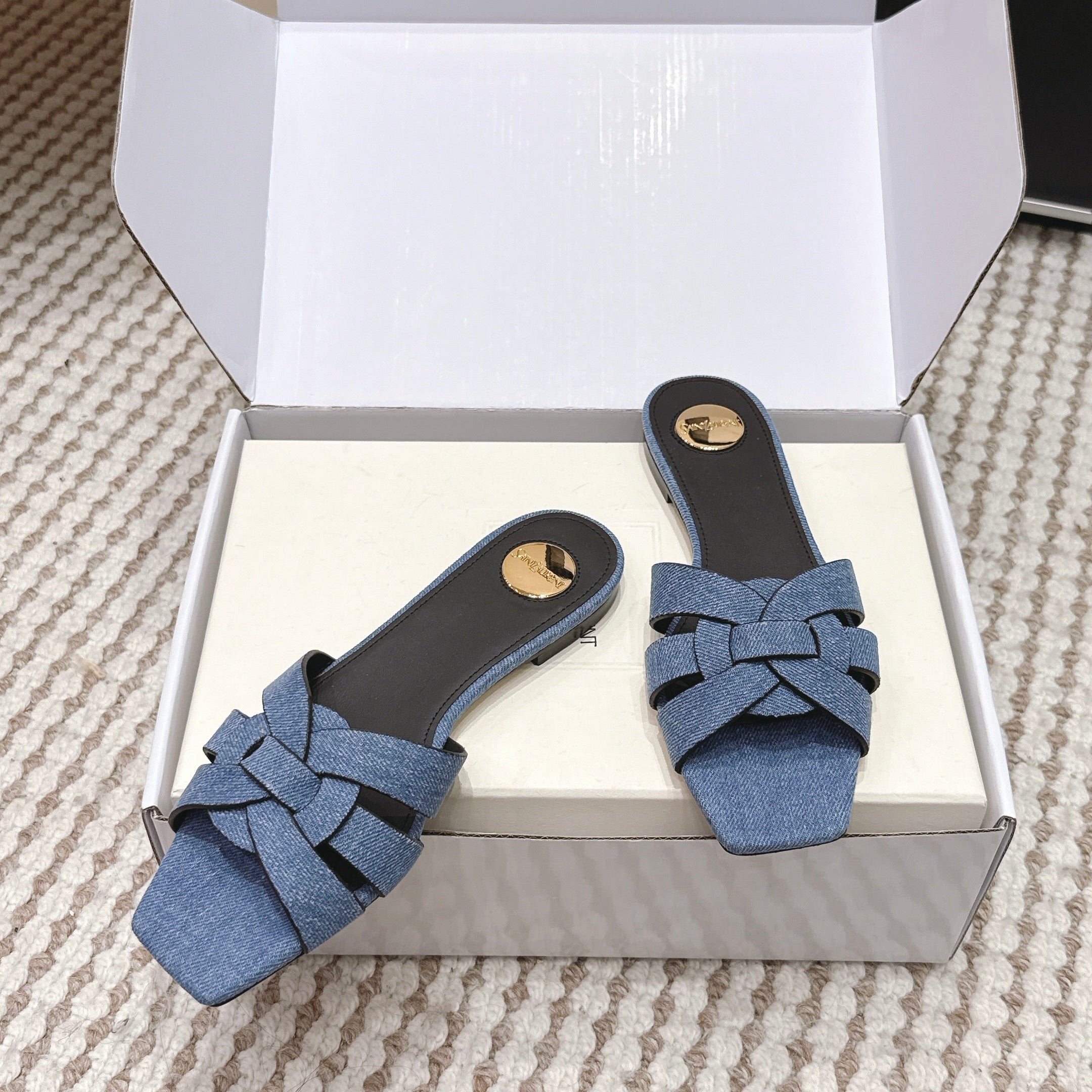 YSL 26ss  Flat Slippers Blue Denim Leather 654727