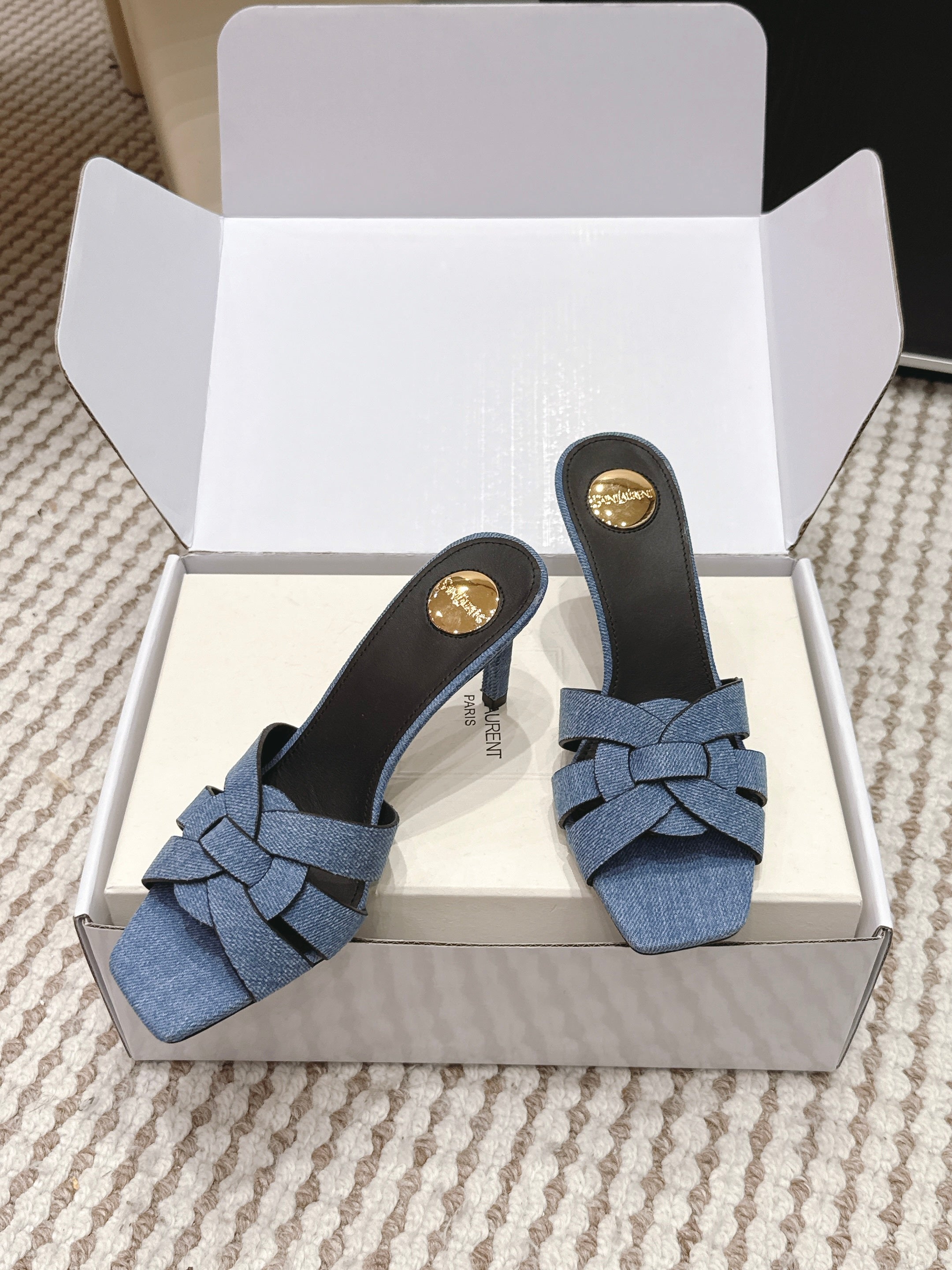 YSL 26ss High-Heeled Slippers 75 Blue Black Denim Calfskin 654747