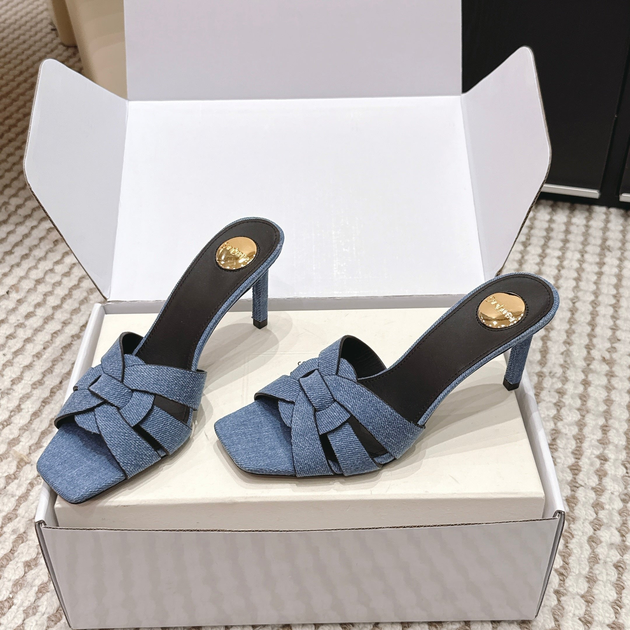 YSL 26ss High-Heeled Slippers 75 Blue Black Denim Calfskin 654747