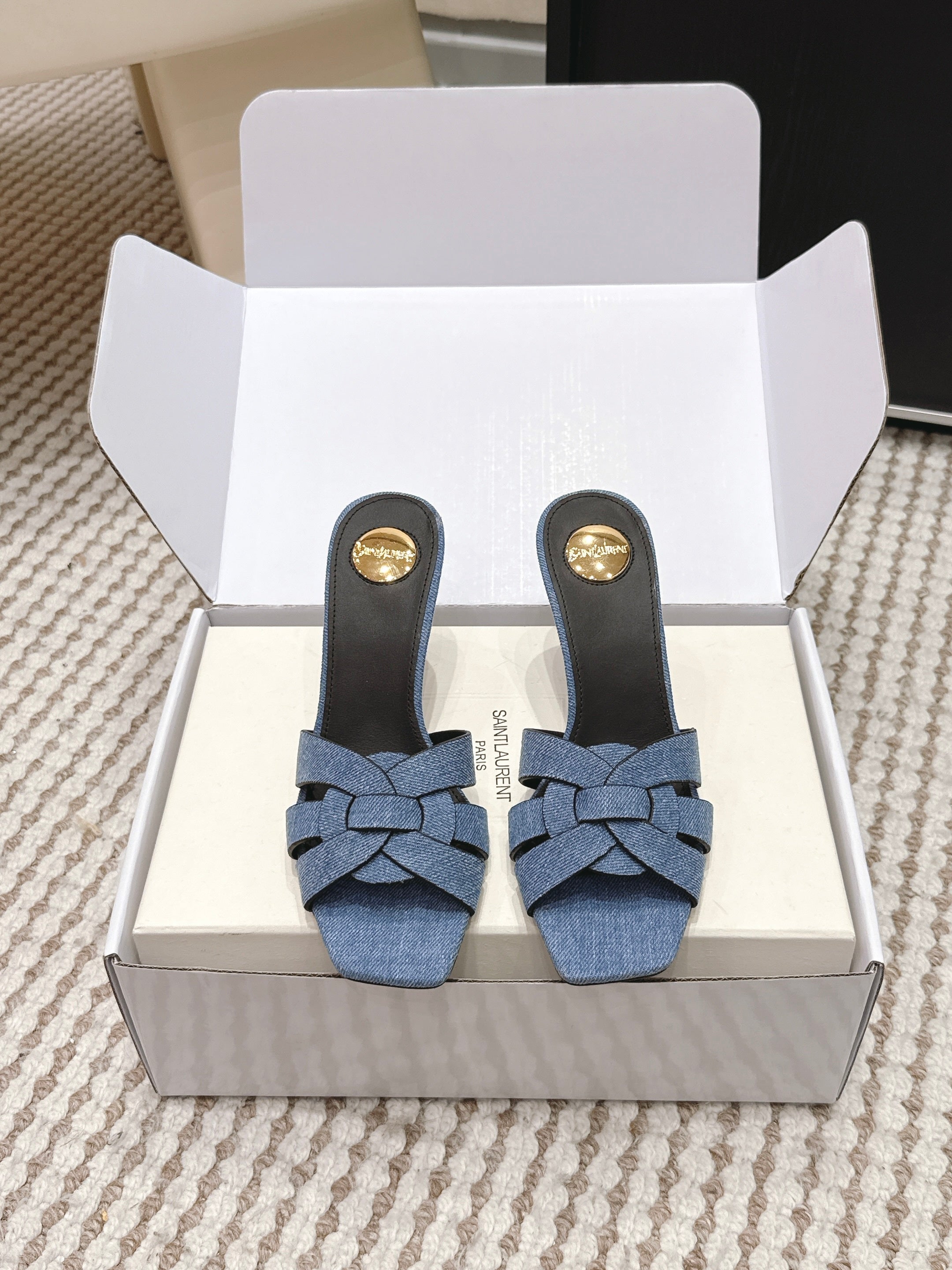 YSL 26ss High-Heeled Slippers 75 Blue Black Denim Calfskin 654747
