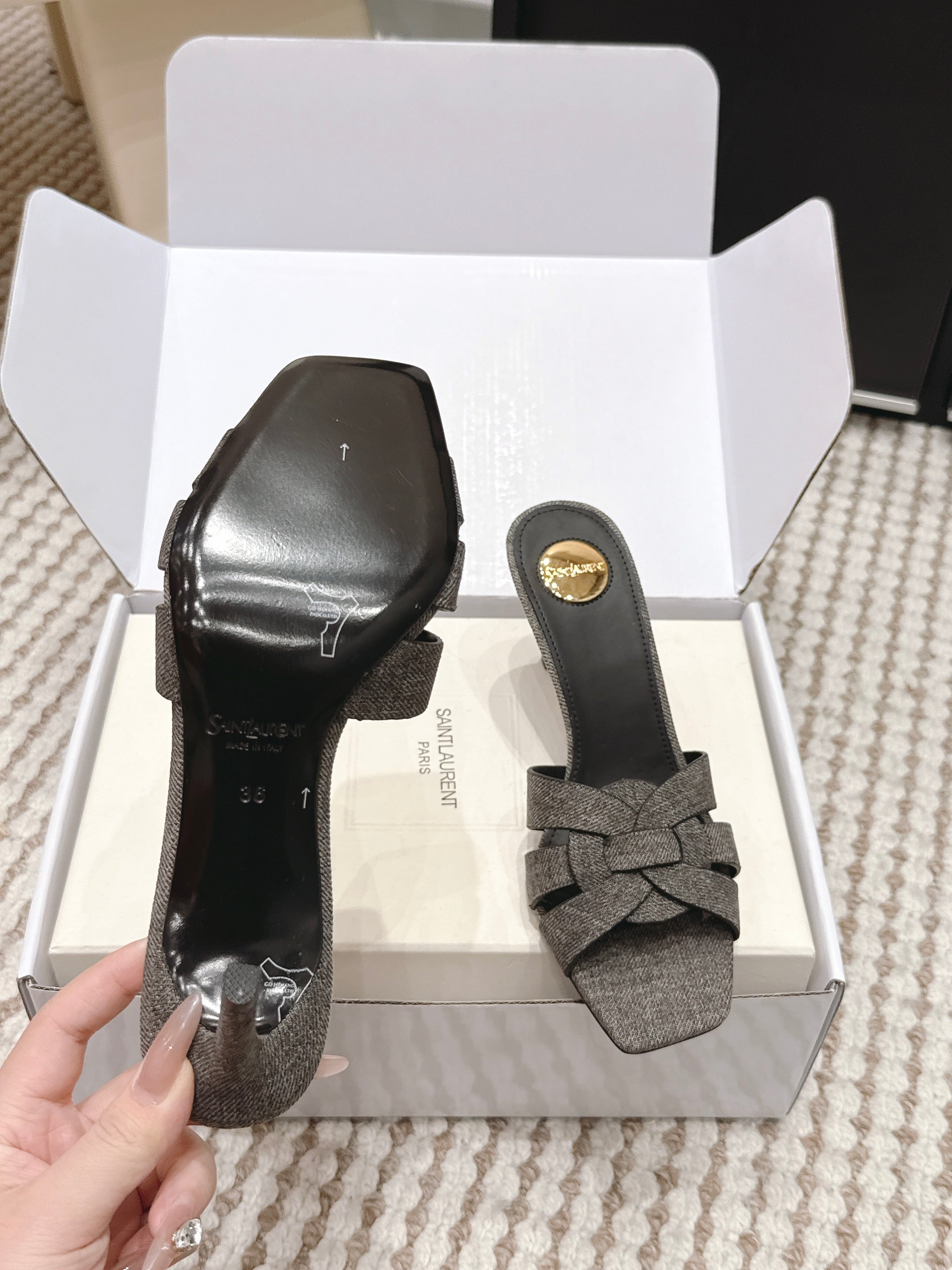 YSL 26ss High-Heeled Slippers 75  Dark Gray Canvas Calfskin 654748