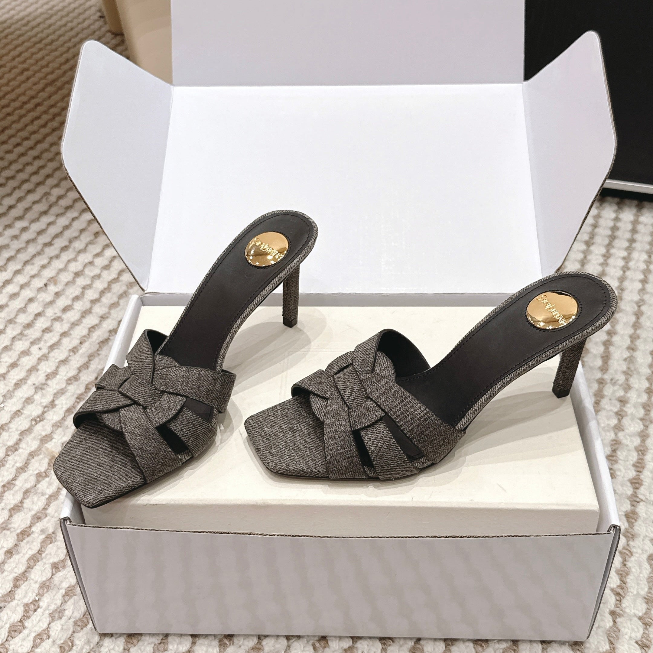 YSL 26ss High-Heeled Slippers 75  Dark Gray Canvas Calfskin 654748