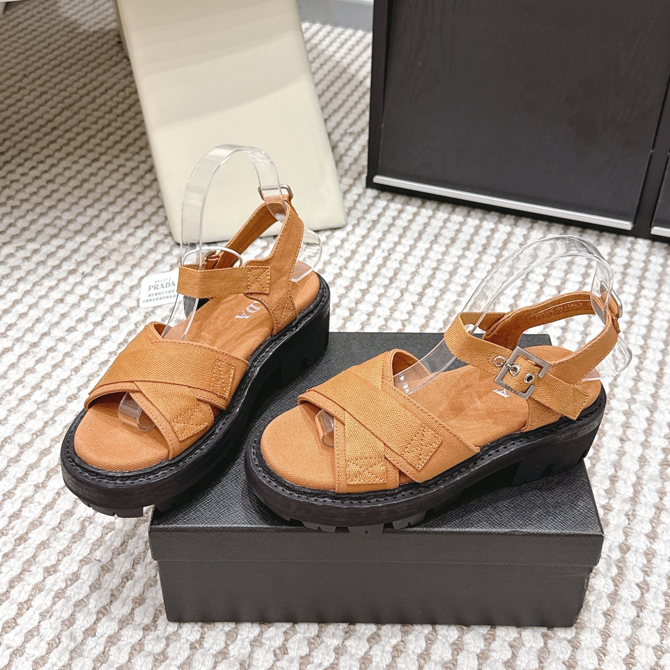 PRA 2026S Platform Sandals Camel Brown Black Canvas 657525