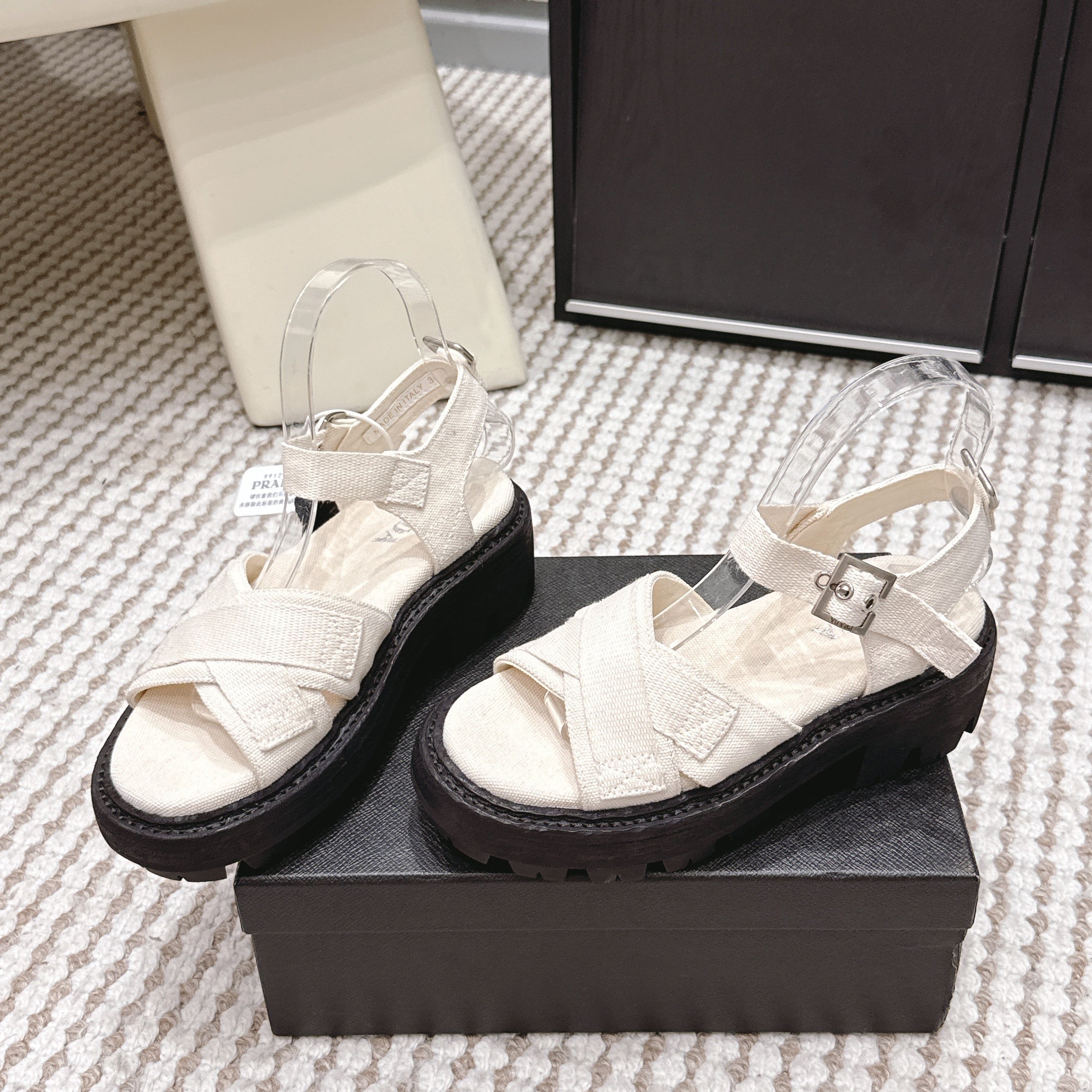 PRA 2026S Platform Sandals White Black Canvas 657527