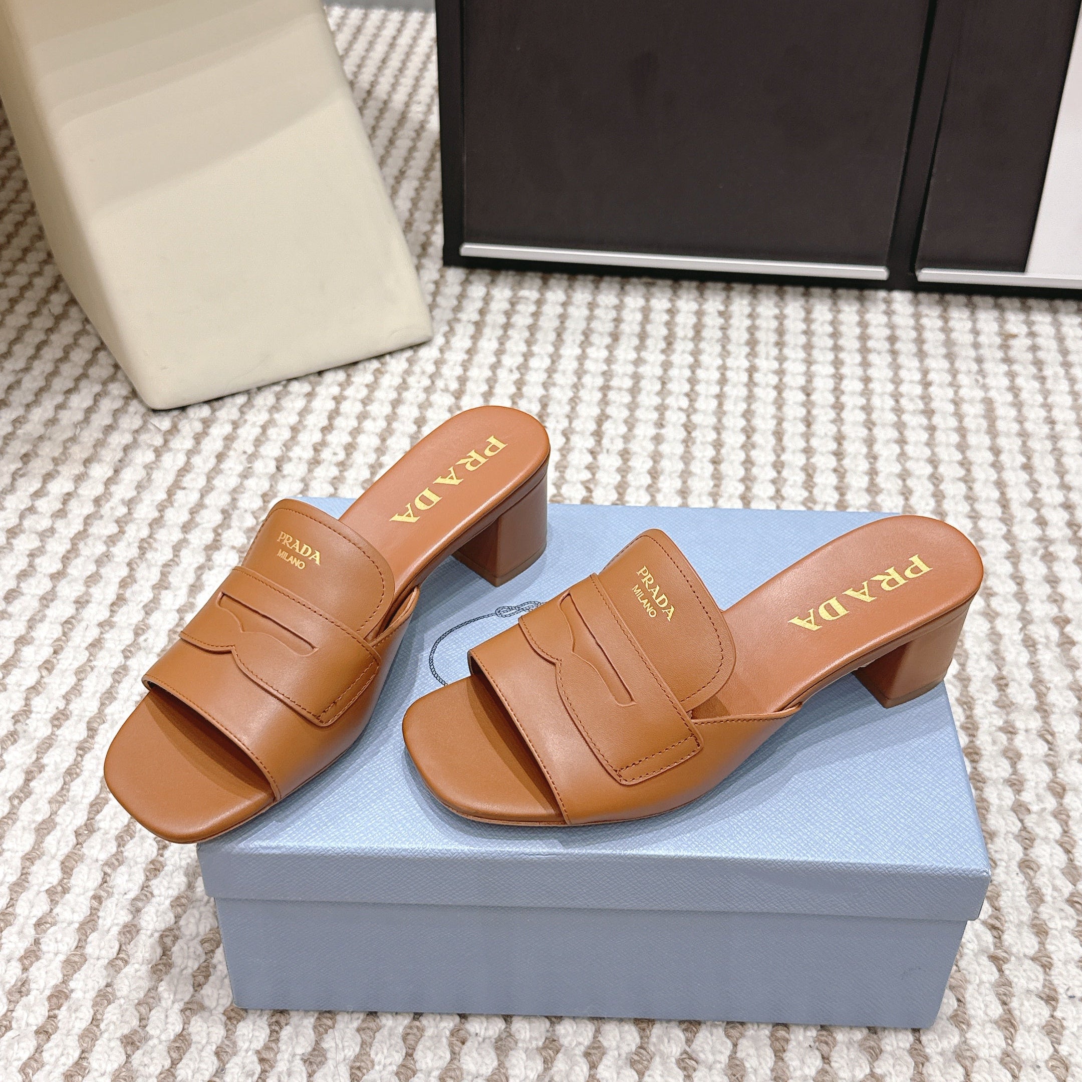 PRA 2026S High Heel Slippers 55 Tan Brown Leather  658337