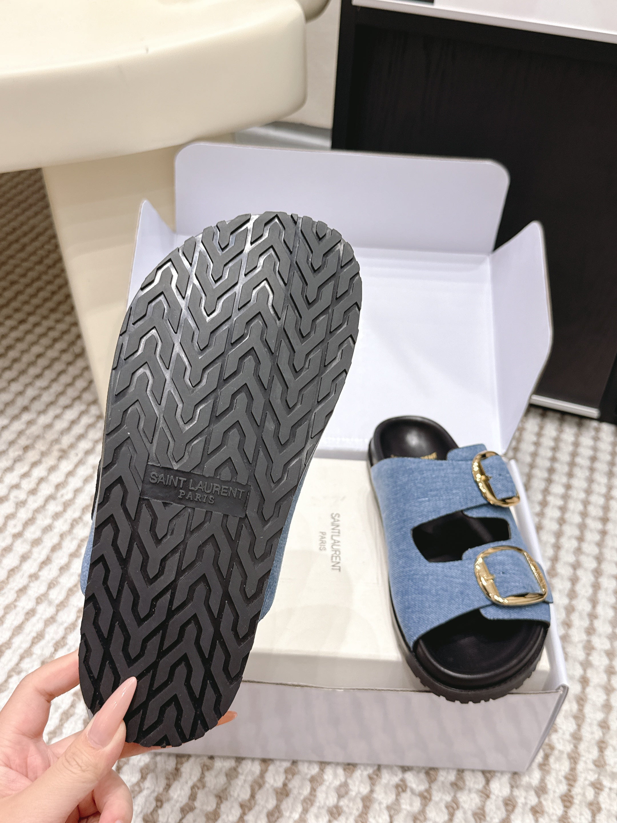 YSL 26ss Platform Slippers Black Blue Denim Leather 663209