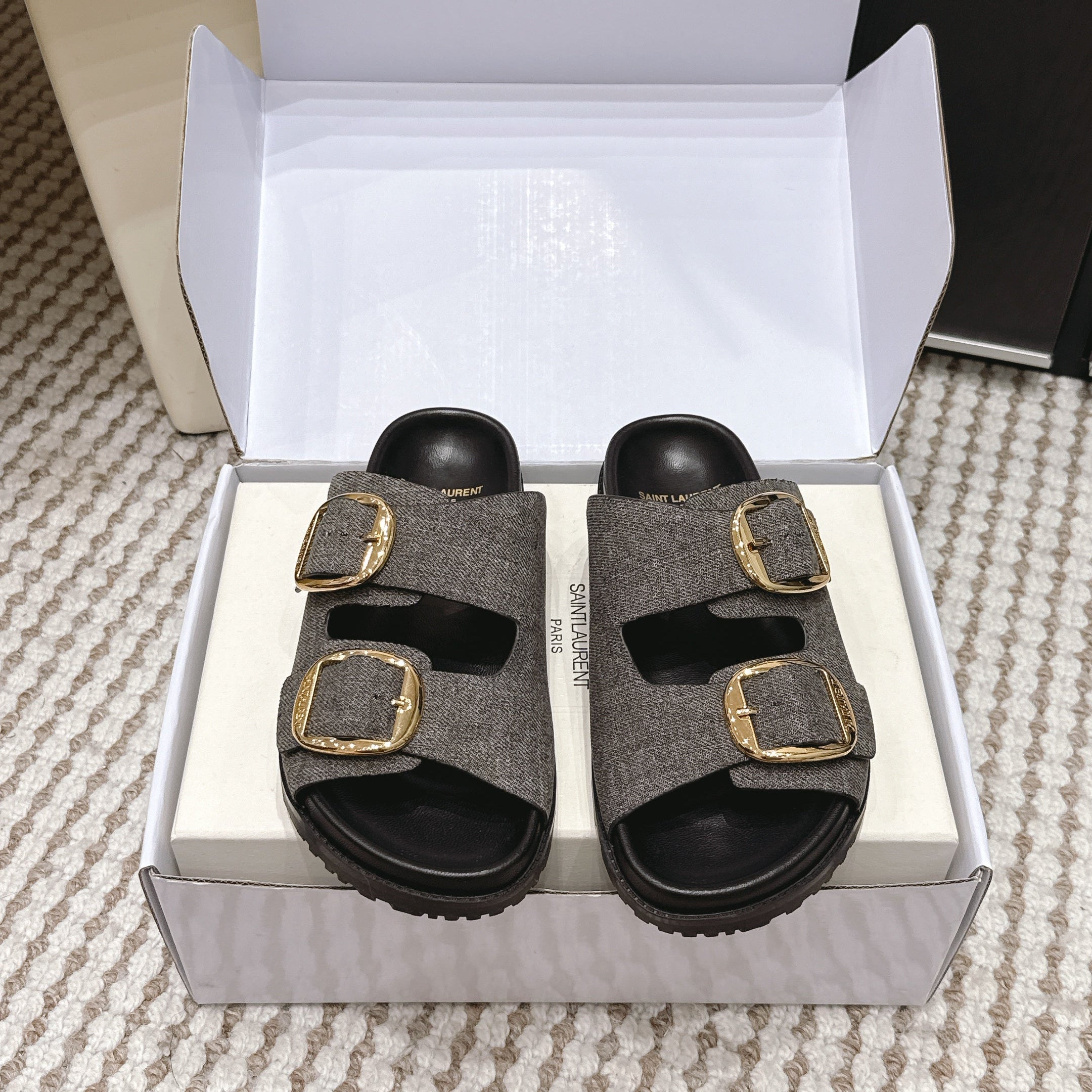 YSL 26ss Platform Slippers Black Gray Denim Leather 663210