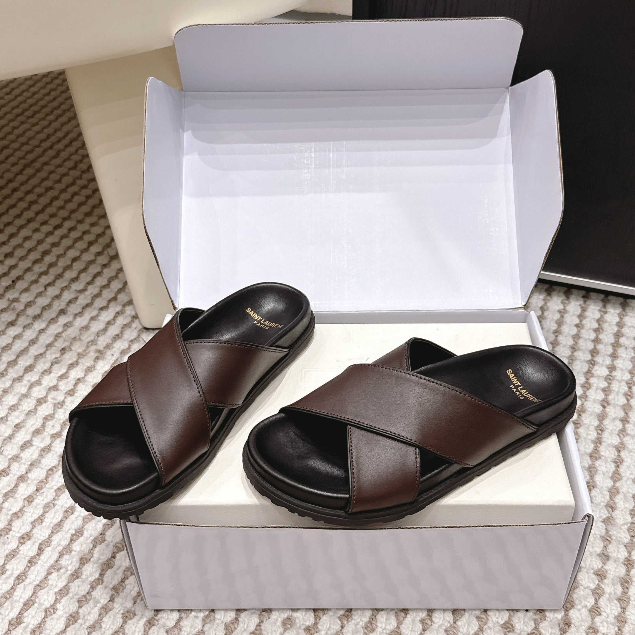 YSL 26ss Platform Slippers Dark Brown Sheepskin 663214