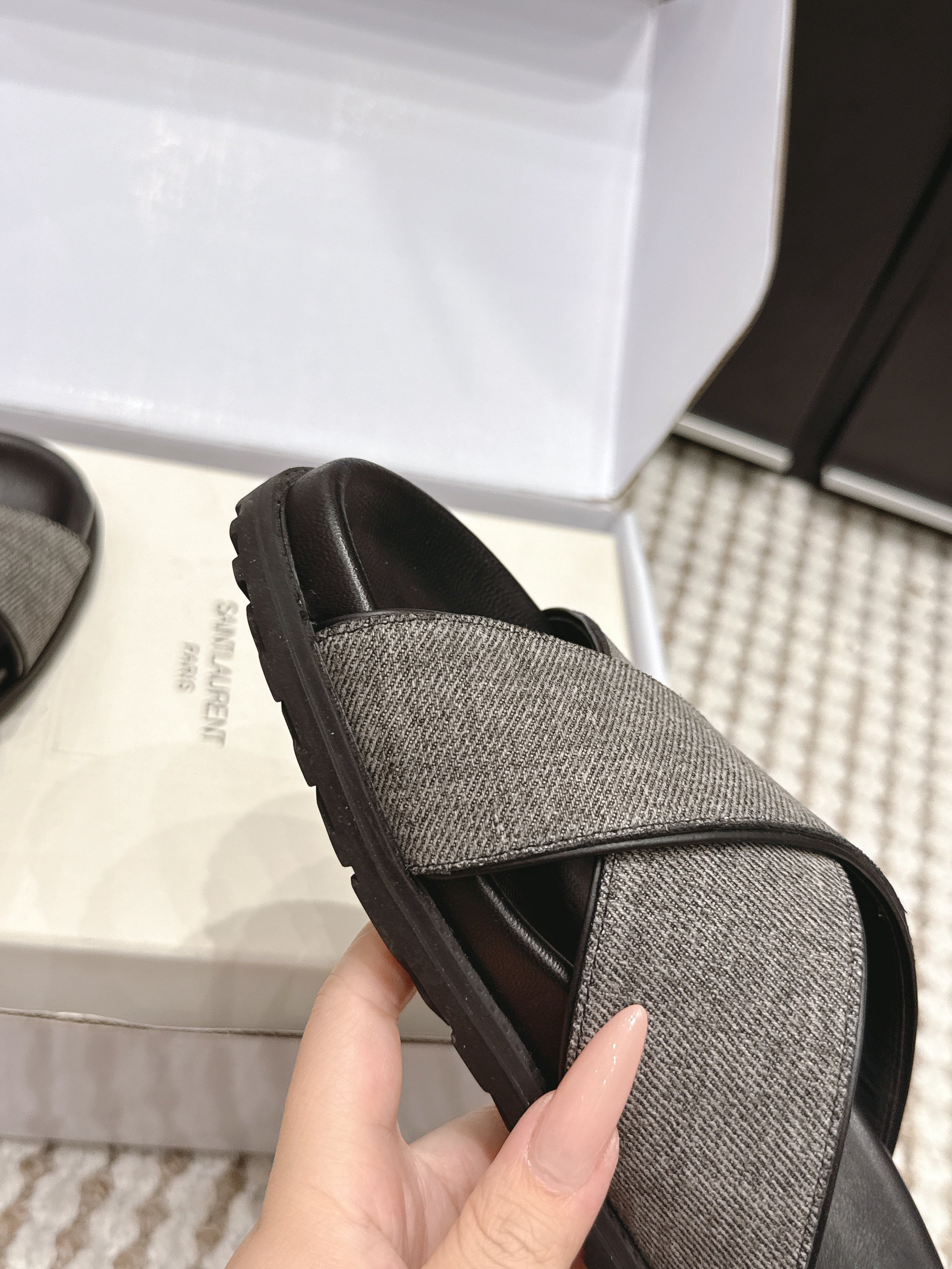 YSL 26ss Platform Slippers Black Gray Denim Leather 663216