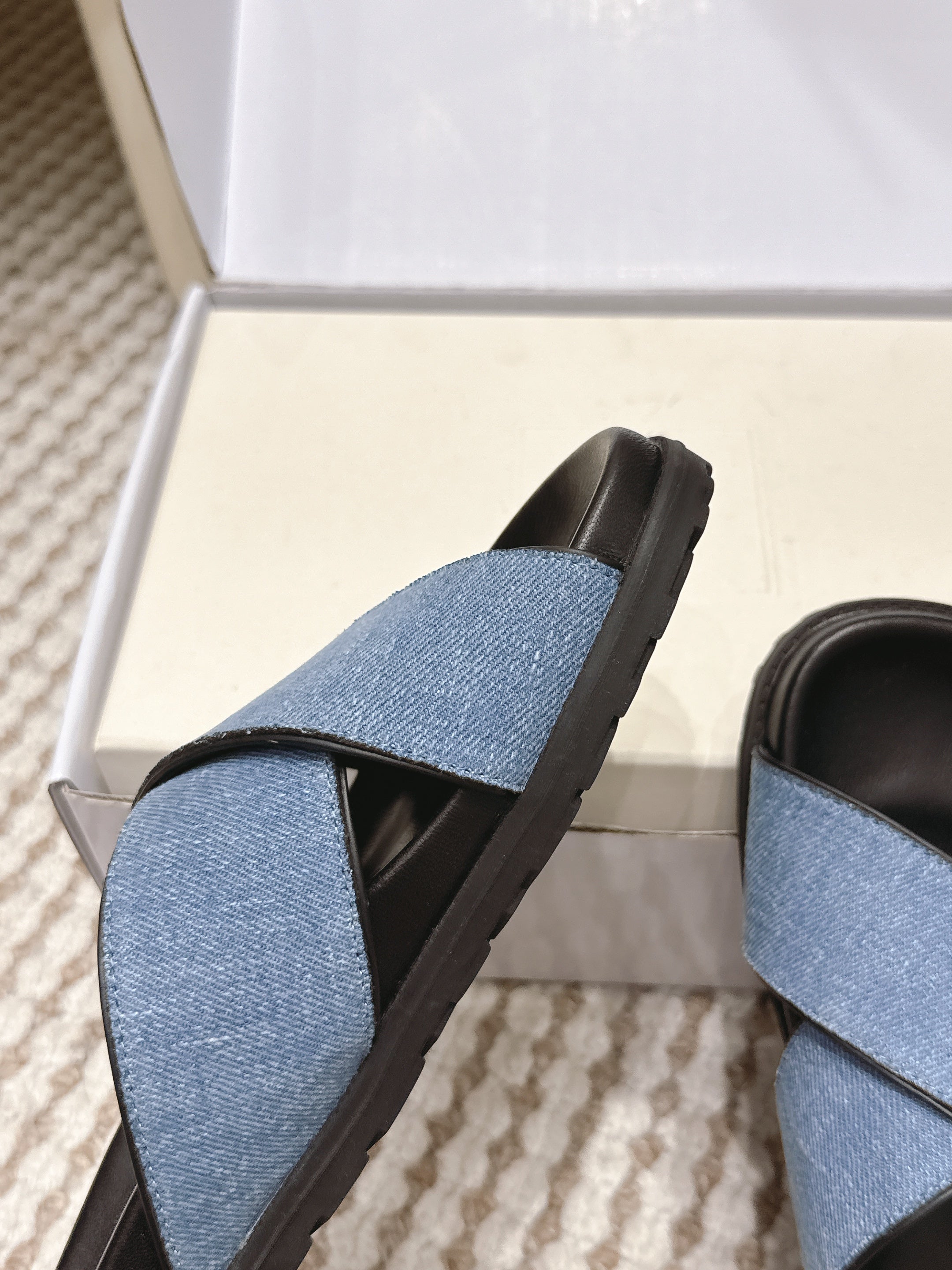 YSL 26ss Platform Slippers Black Blue Denim Leather 663217
