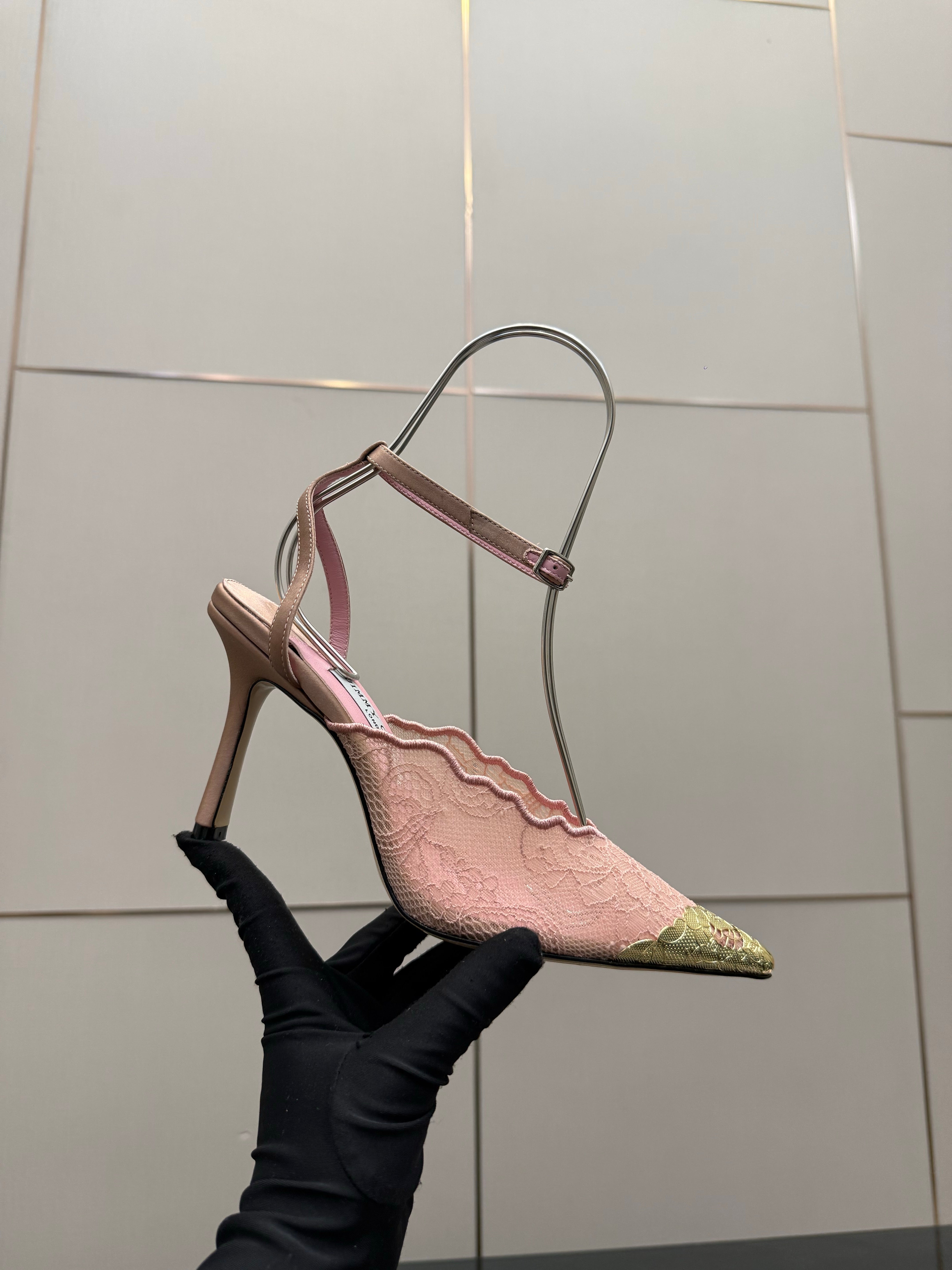 Jimmy Choo 2026 Faiz 100 Pump Pink Gold  Lace Metallic 629905
