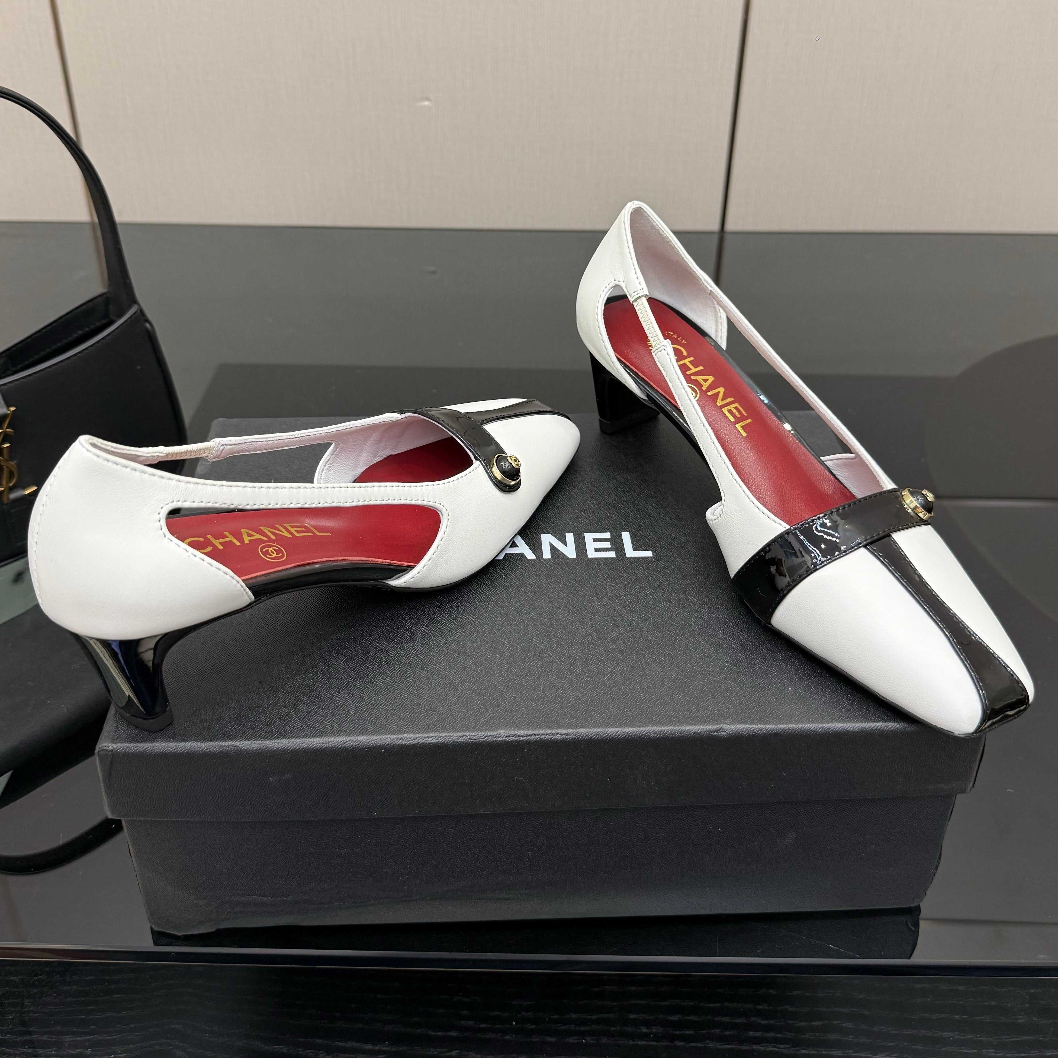 Chanel 2026 Square-Toe Chunky Heel Open-Back Sandals 50mm Leather 791612