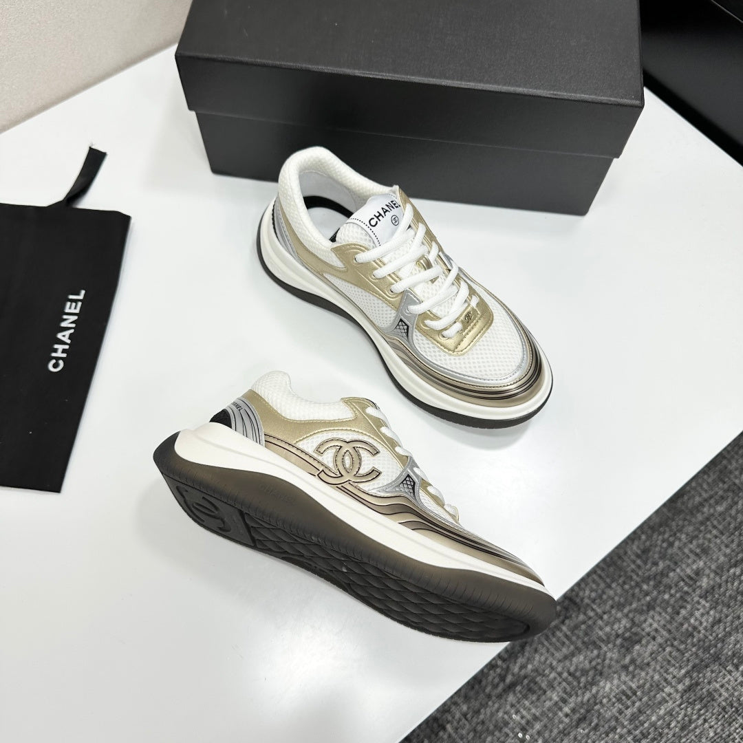 CC 26s Casual Sneakers White Gold Fabric Cowhide 626386