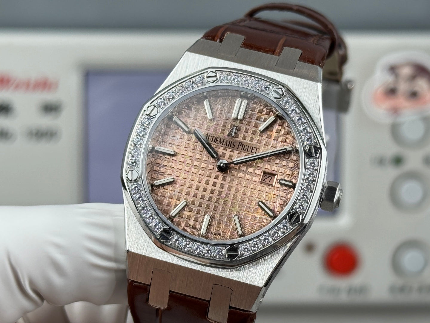 Audemars Piguet Royal 33mm Pink Gold Dial Diamond Bezel Crocodile Leather