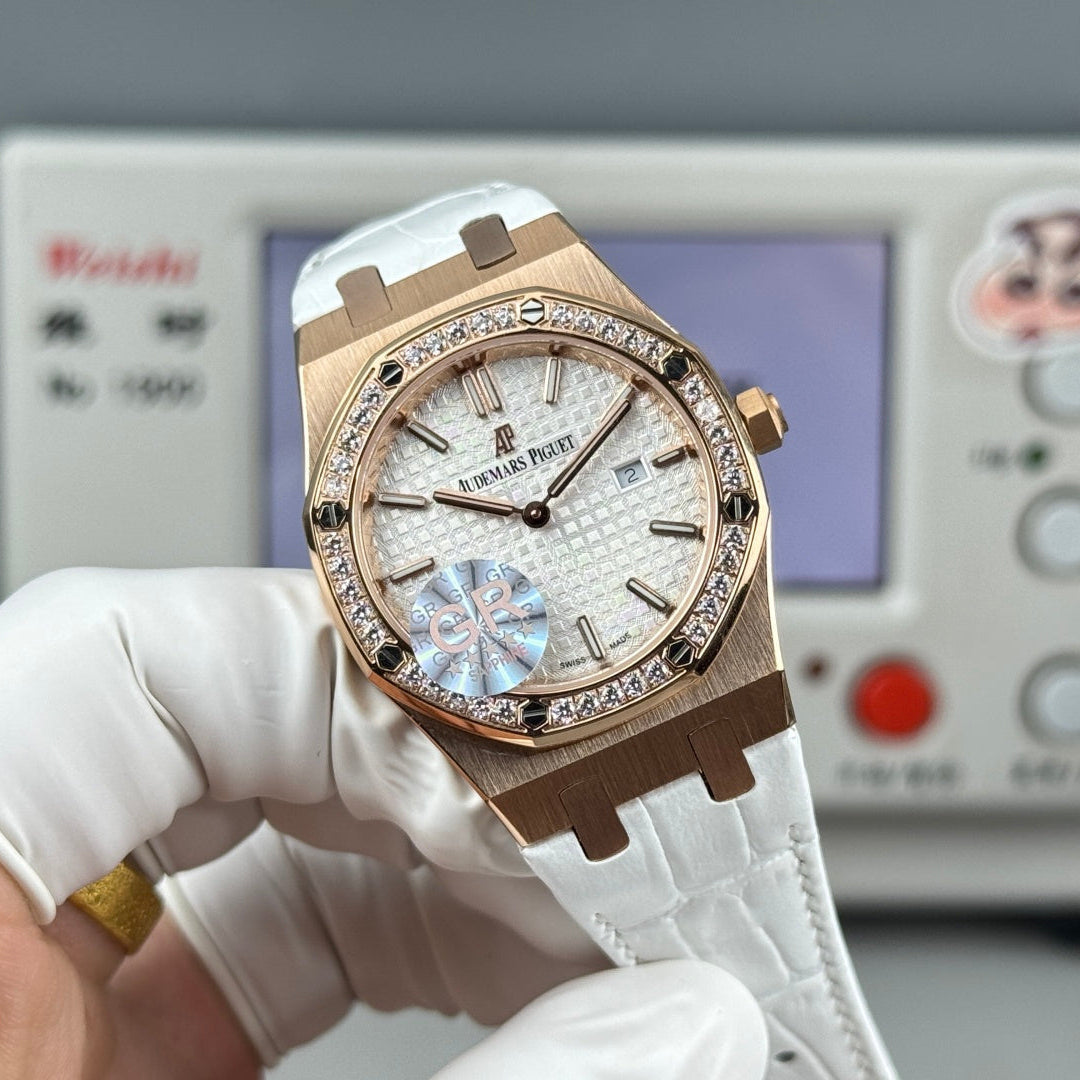 Audemars Piguet Royal Oak Lady 33mm Rose Gold White Dial Leather Strap