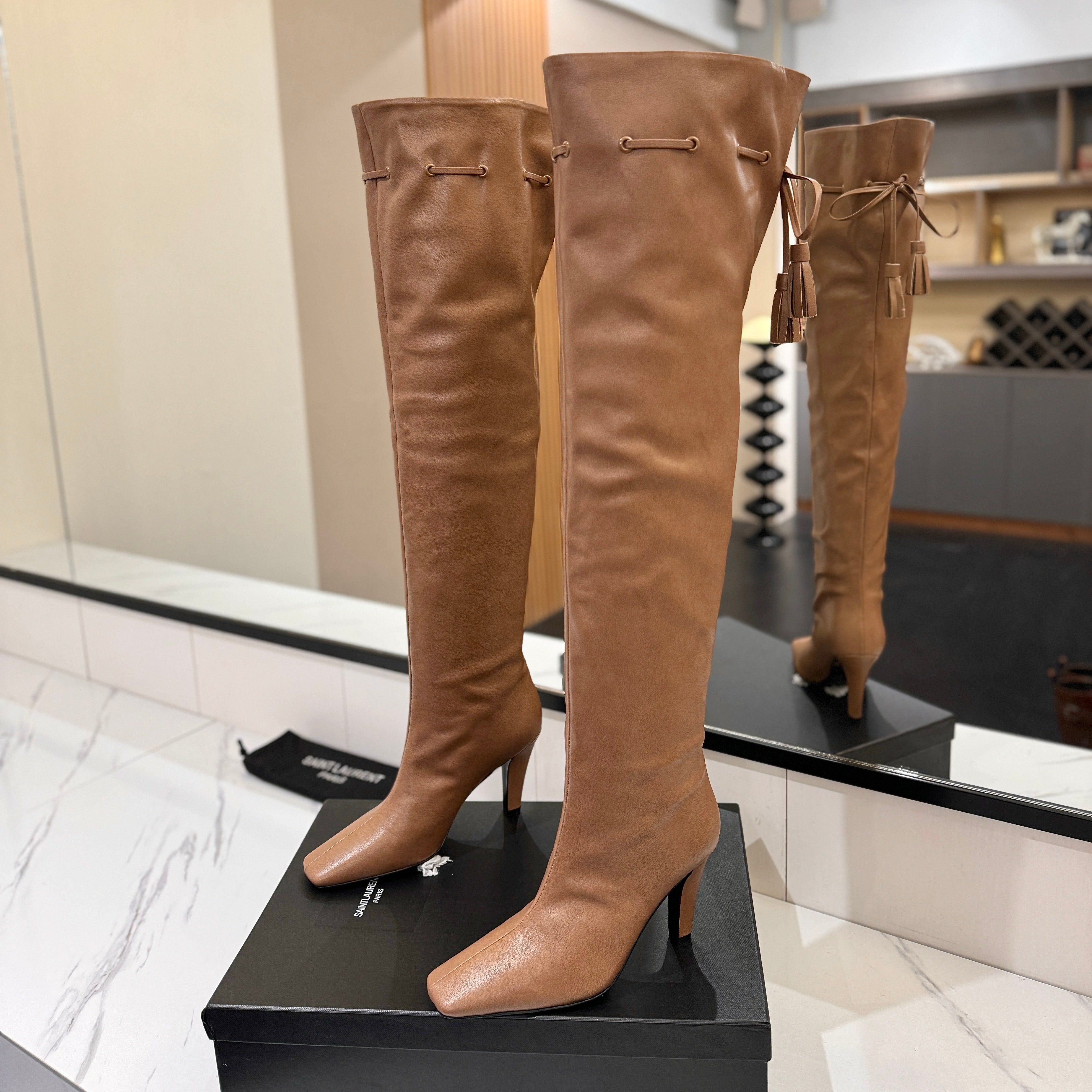 YSL 25 Over-the-Knee Martin Boot Light Brown Calfskin 520781