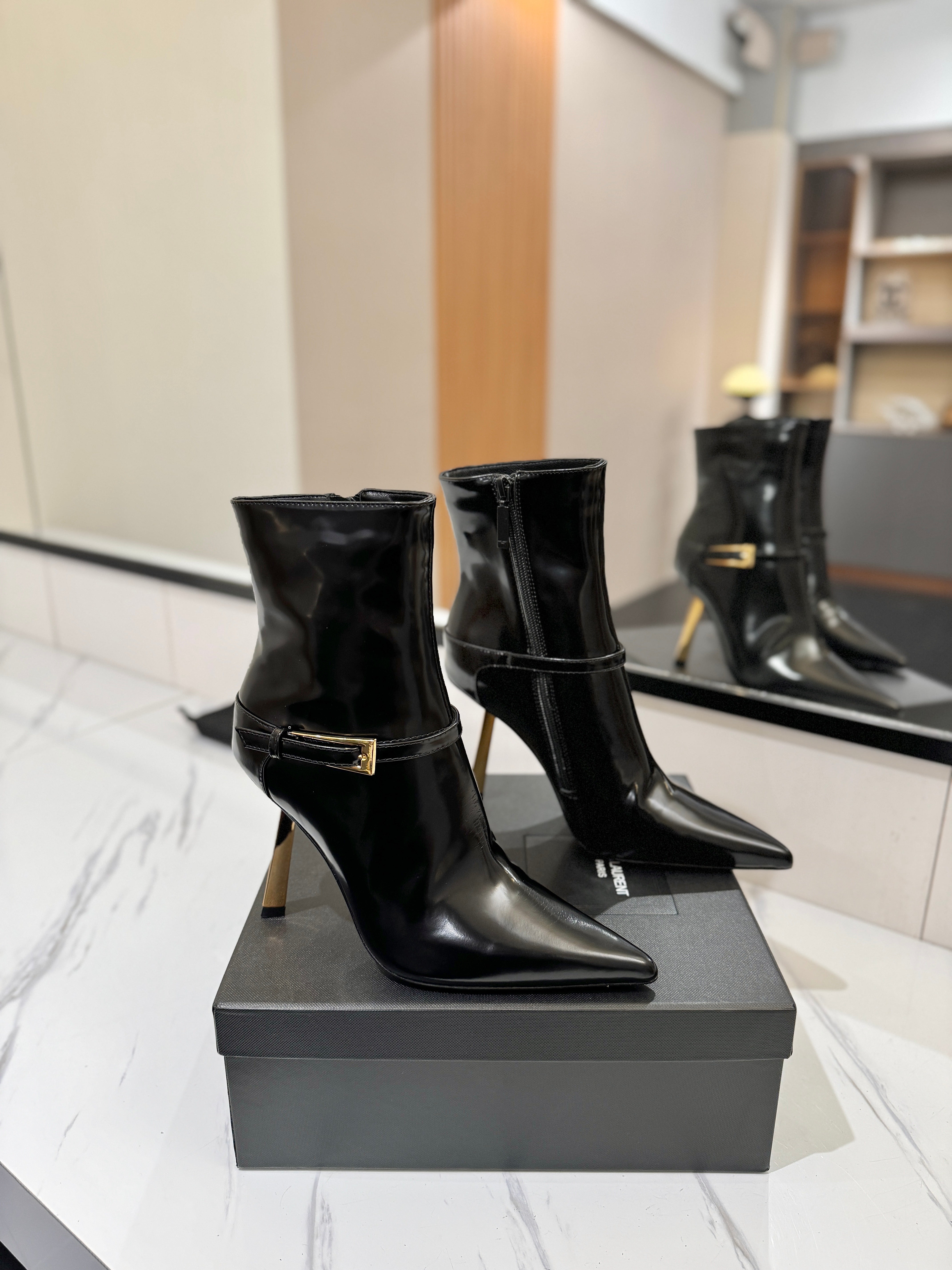 YSL 25 Metal Stiletto Martin Boots Black Gold Cowhide 520779