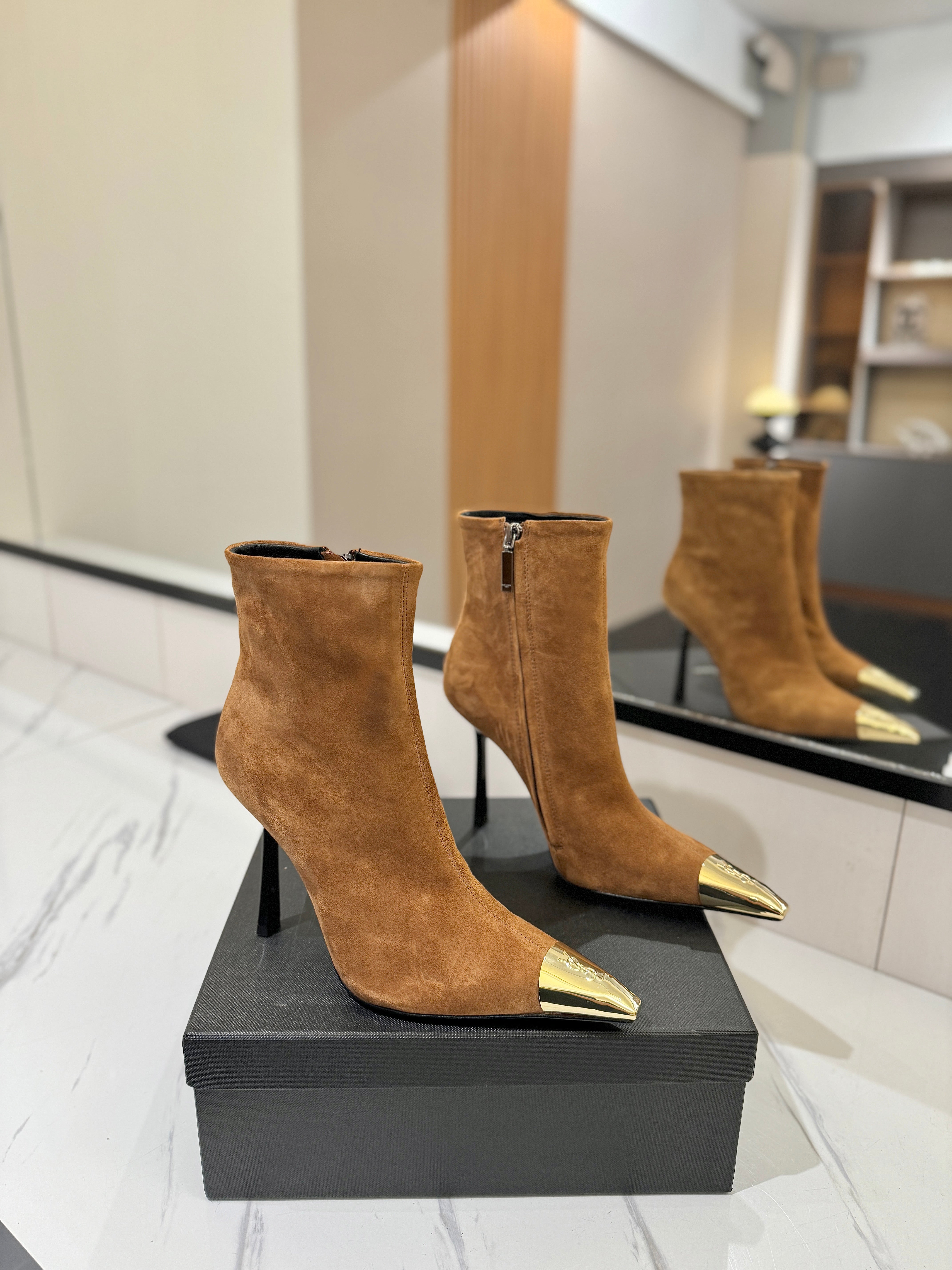 YSL 25 Metal Toe Short Boot Brown Gold Suede 520786