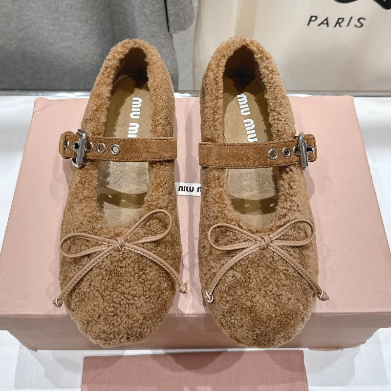 MiuMiu 25 Ballet Flat Brown Lambskin Wool 535593