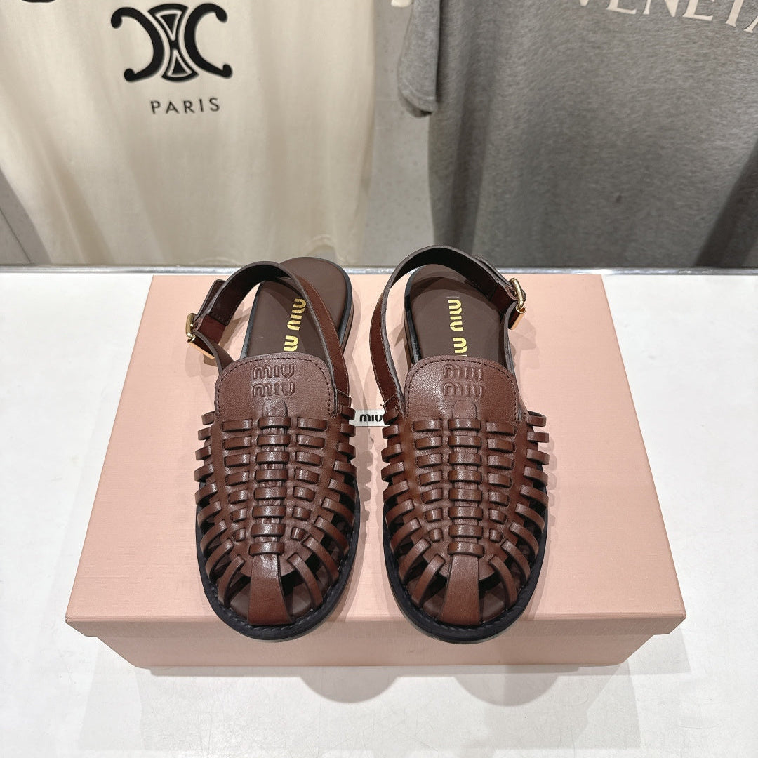 Miumiu 26ss Flat Sandals Brown Woven Cowhide 713122