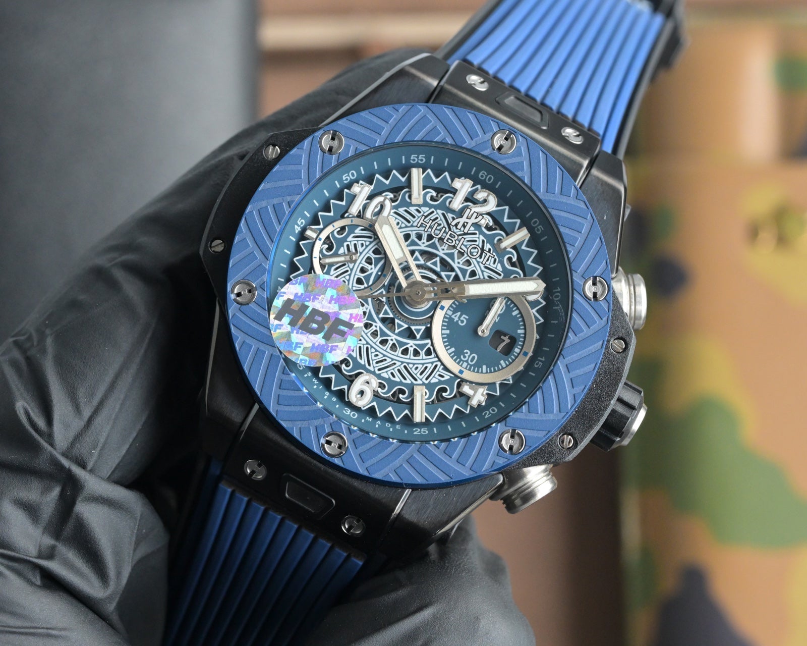 Hublot Big Bang Unico 45mm Blue Benzel Black Ceramic Case Blue Rubber Strap