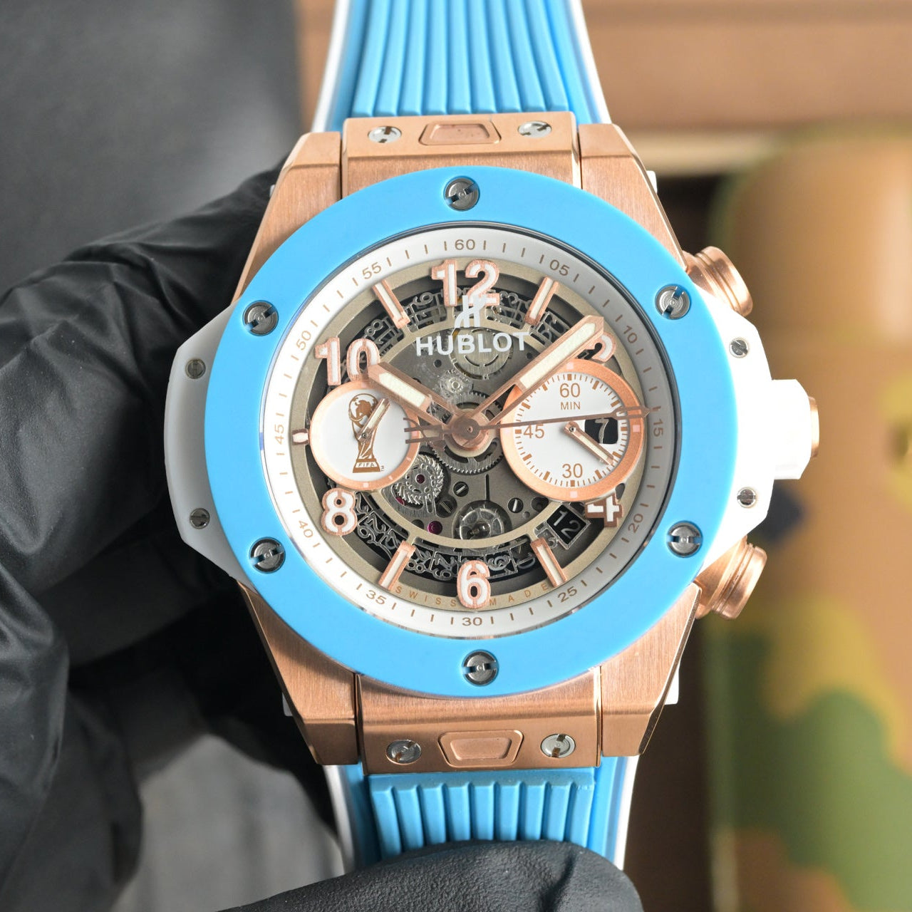 Hublot Big Bang Unico 45mm Blue Benzel Rose Gold Case Blue Rubber Strap