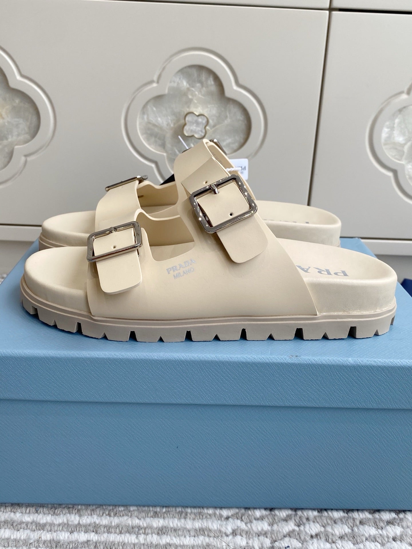 Prada 2026 Double-Strap Buckle Platform Sandals Leather 778938