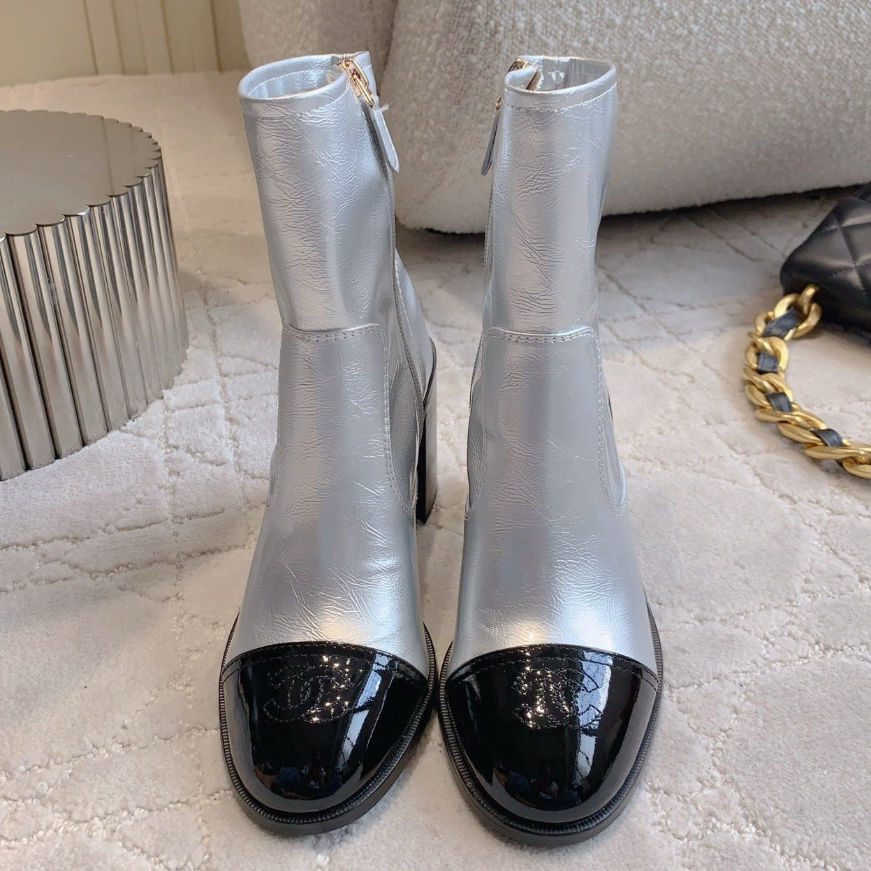 CC 25 Heeled Short Boot Silver mix Black Patent Leather 516676