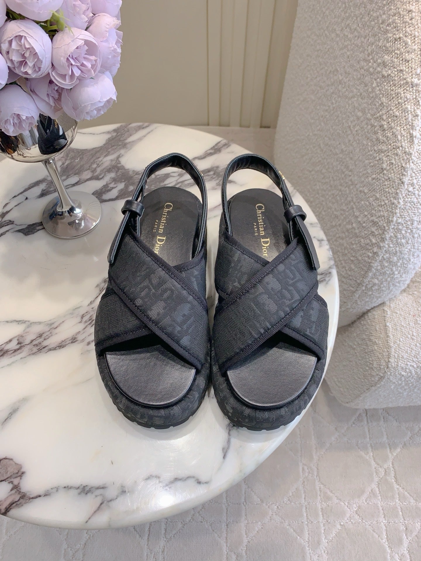 CD 26s  Platform Sandals 65 Black Canvas Lambskin 644286