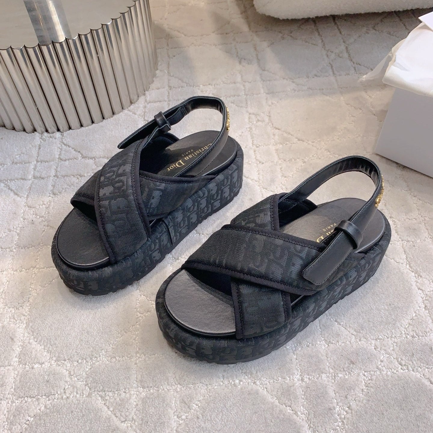 CD 26s  Platform Sandals 65 Black Canvas Lambskin 644286