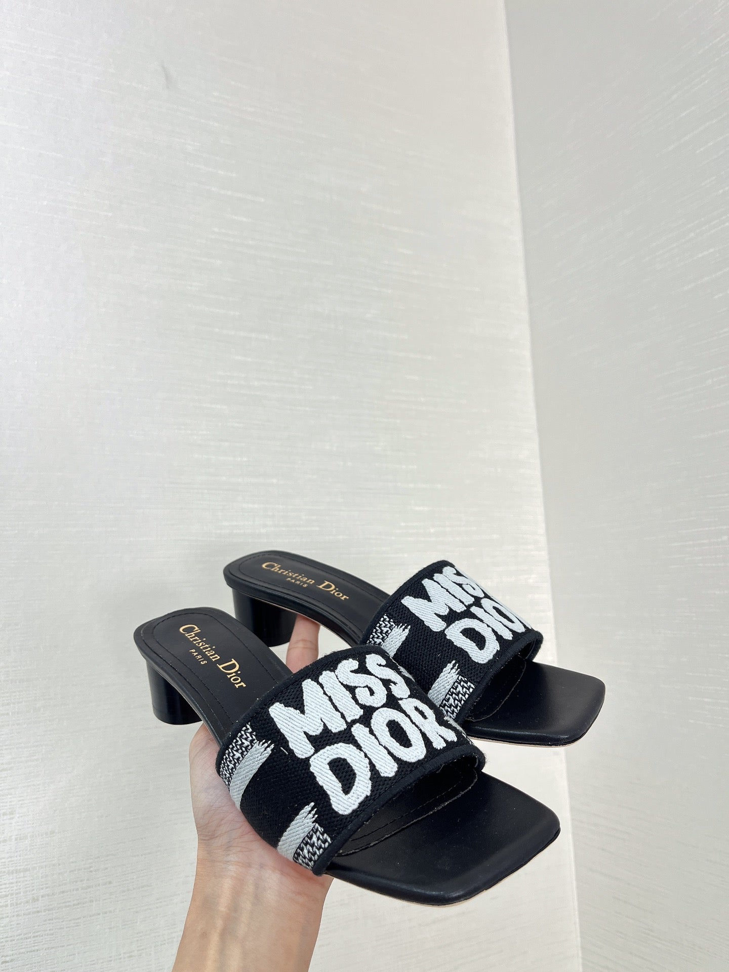 dway heeled slide 35 black embroidered cotton