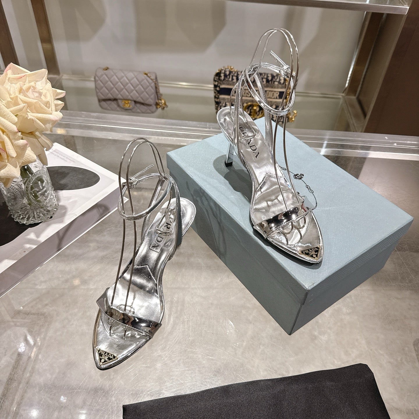 Prada 2026 High-Heeled Pointed-Toe Sandals 75mm Sheepskin Leather 770603