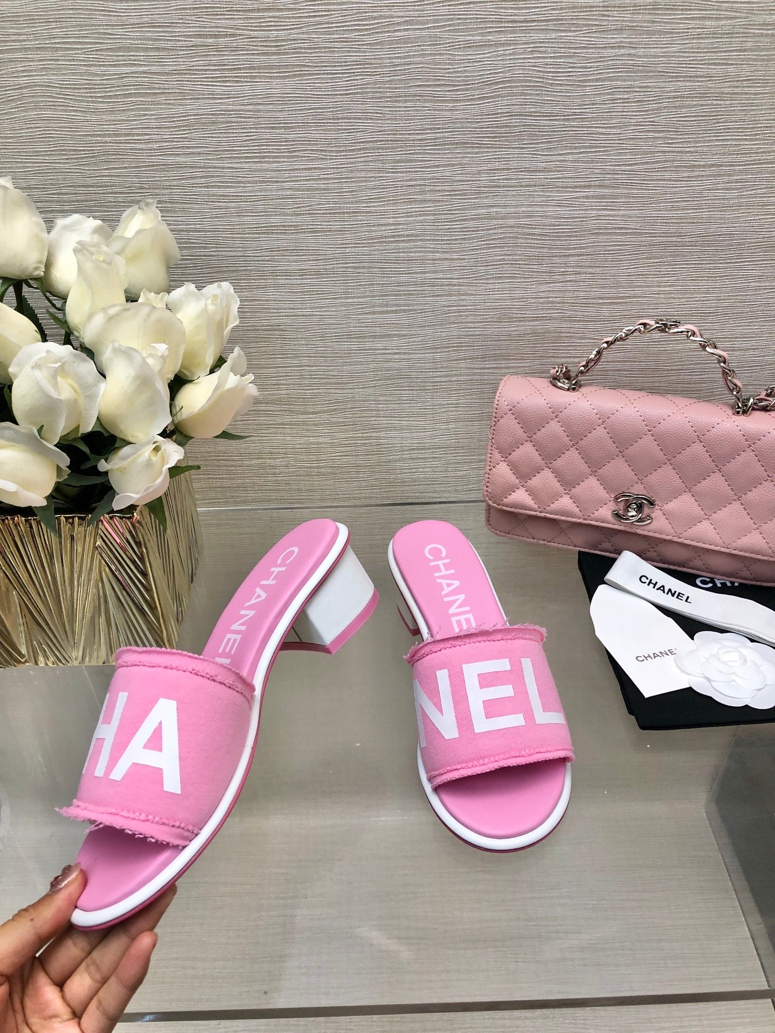 CC 25C Mid Heel Mule Pink Fabric Material 212962