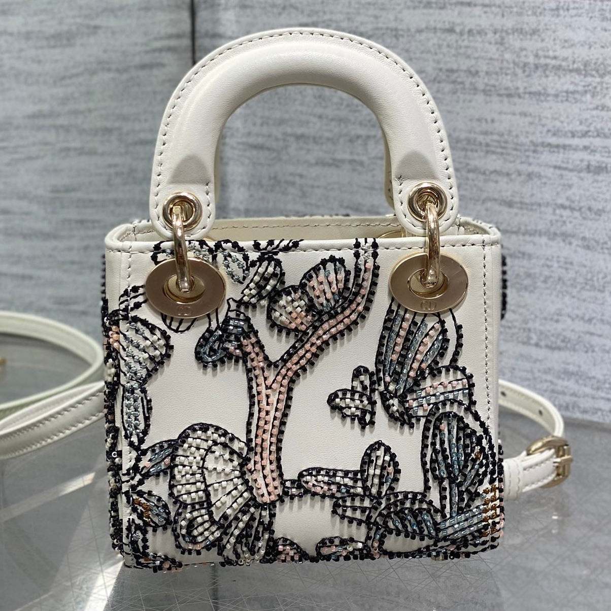 Dior 2026 Butterfly Embroidery Bag 12cm White Mix Color Leather 352067