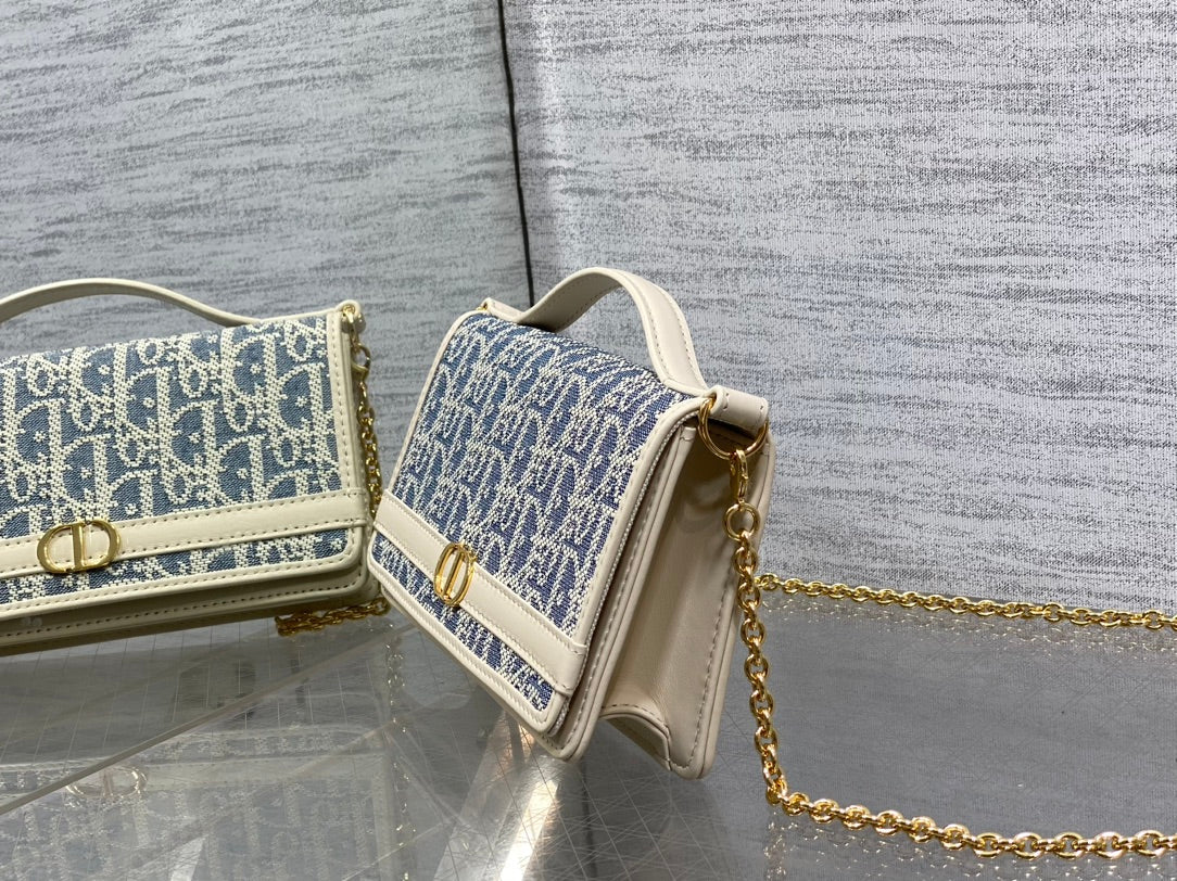 Dior 2026 Montaigne Cigale Bag 20.5cm Blue White Canvas Leather 272677