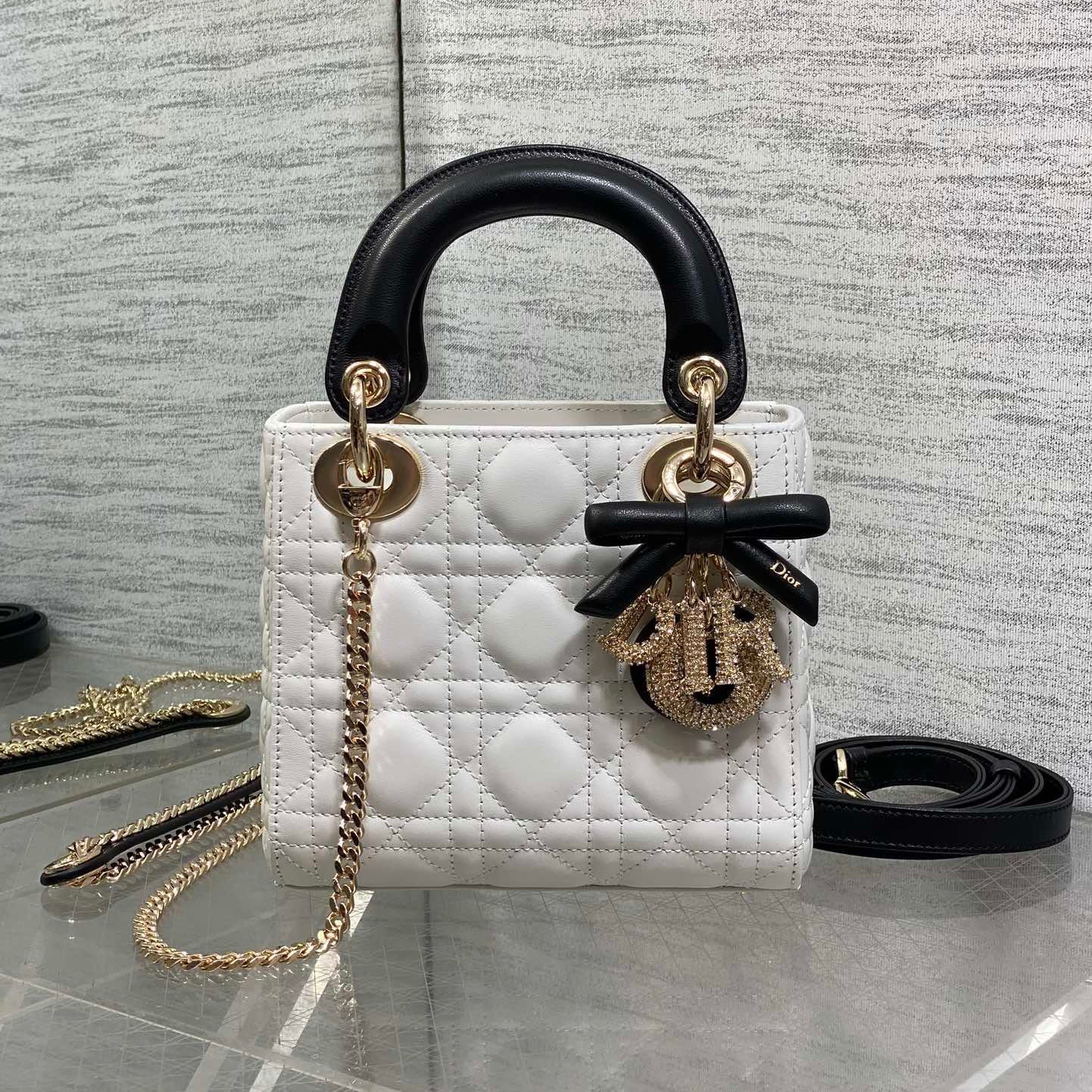 Dior 2026 Mini Lady Dior Bag White Black Lambskin 284137