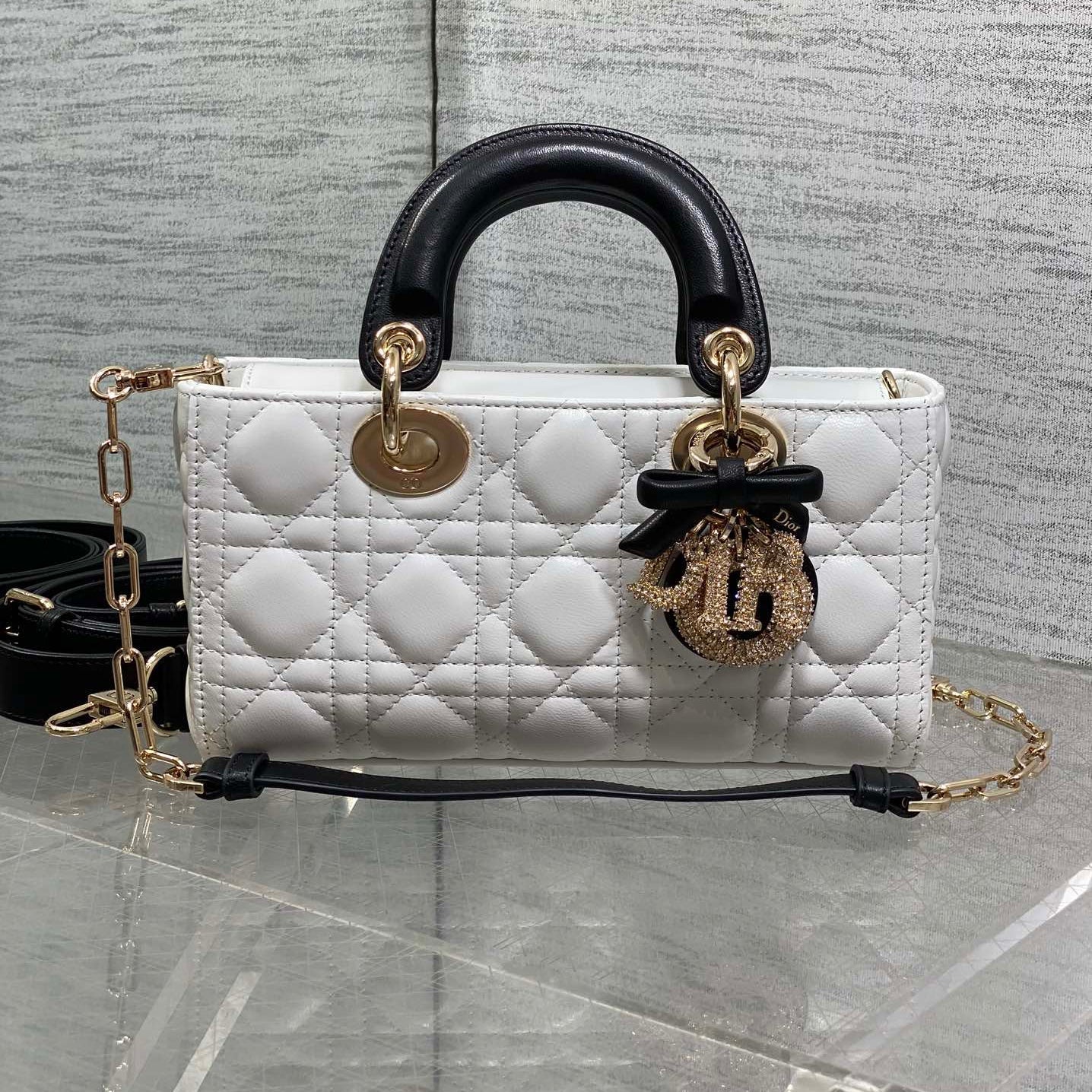 Dior 2026 Lady Bow D-Joy Bag White Black Lambskin With Diamond Hardware 284141