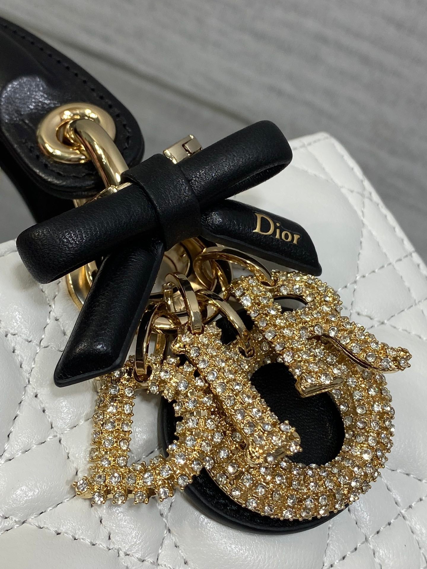 Dior 2026 Lady Bow D-Joy Bag White Black Lambskin With Diamond Hardware 284141