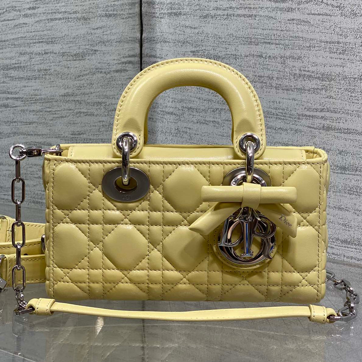Dior 2026 Bow Lady D-Joy 19cm Yellow Cannage Lambskin With Silver Charm 286561