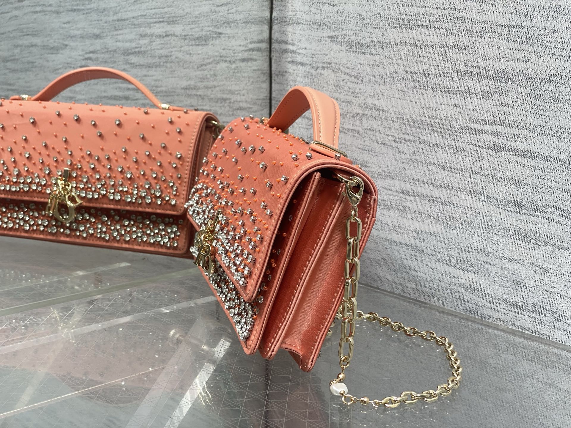 Dior 2026 Crystal Embellishments Lady Bag 24cm Coral Orange Leather 355276