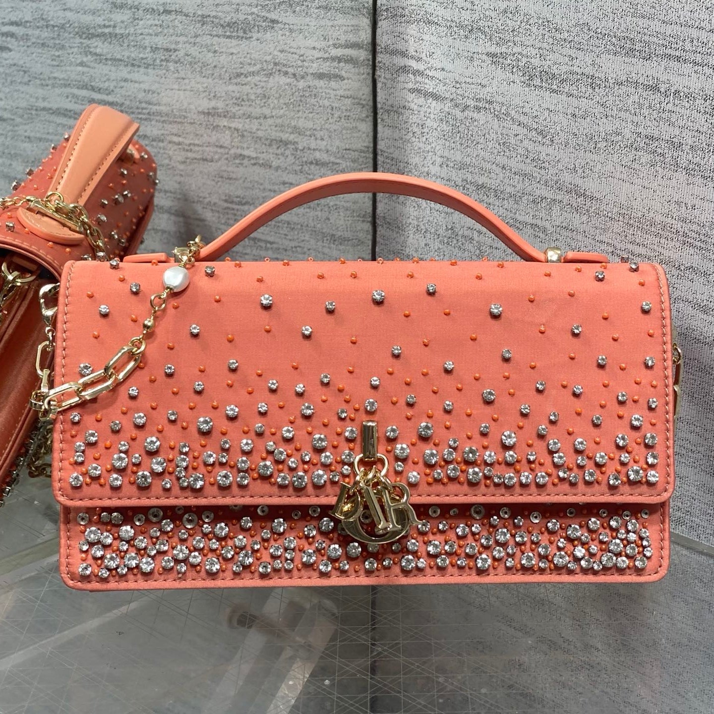 Dior 2026 Crystal Embellishments Lady Bag 24cm Coral Orange Leather 355276