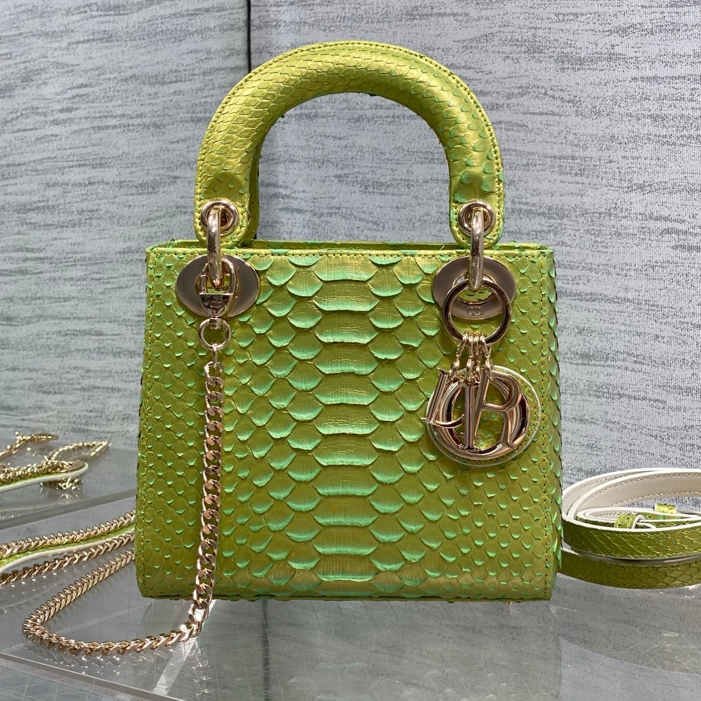 Dior 2026 Lady Embossed Snake Skin Bag 17cm Green Leather 378810