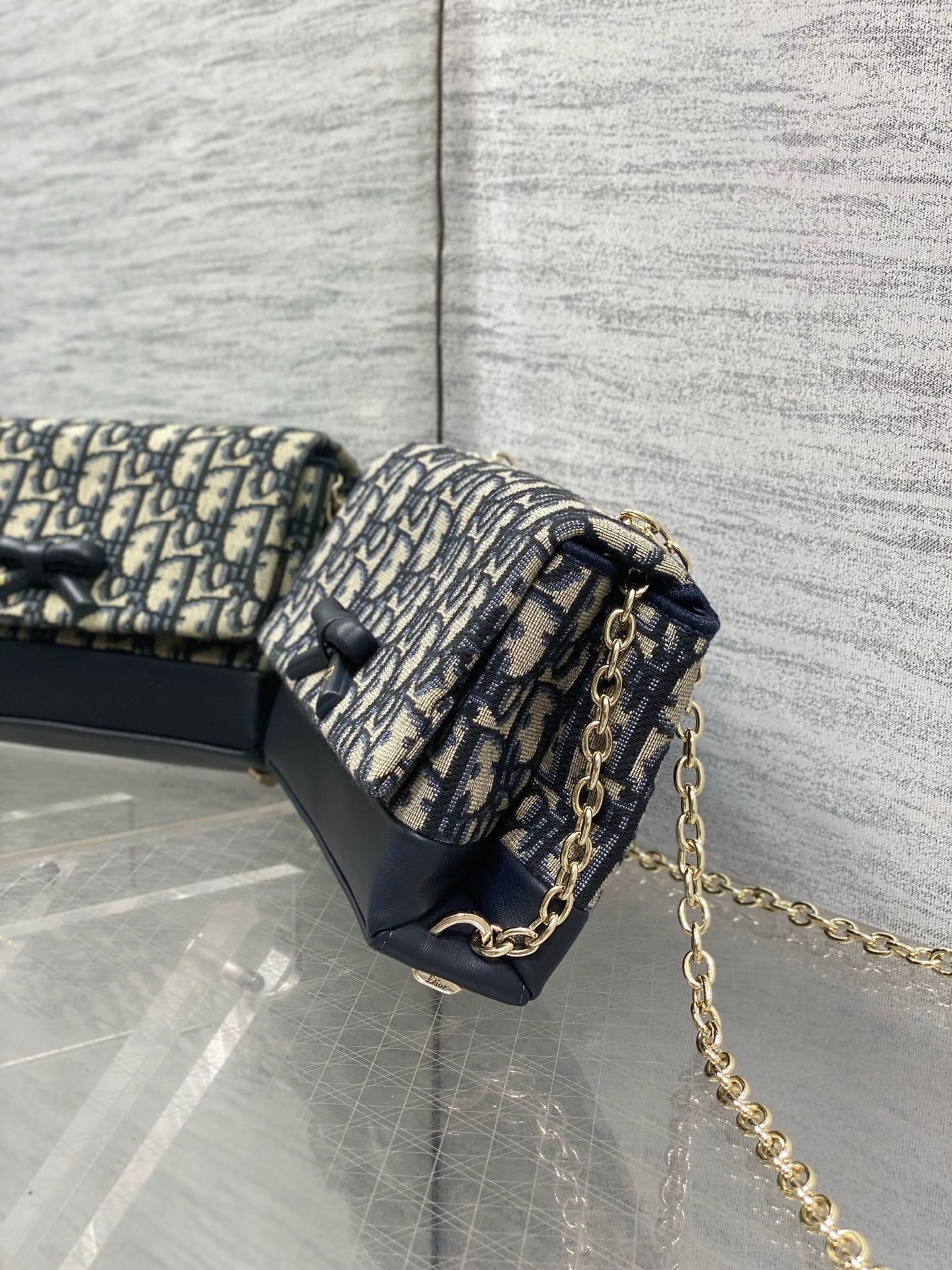 Dior 2026 Oblique Bow Bag 21cm Blue Beige Fabric Leather 378809