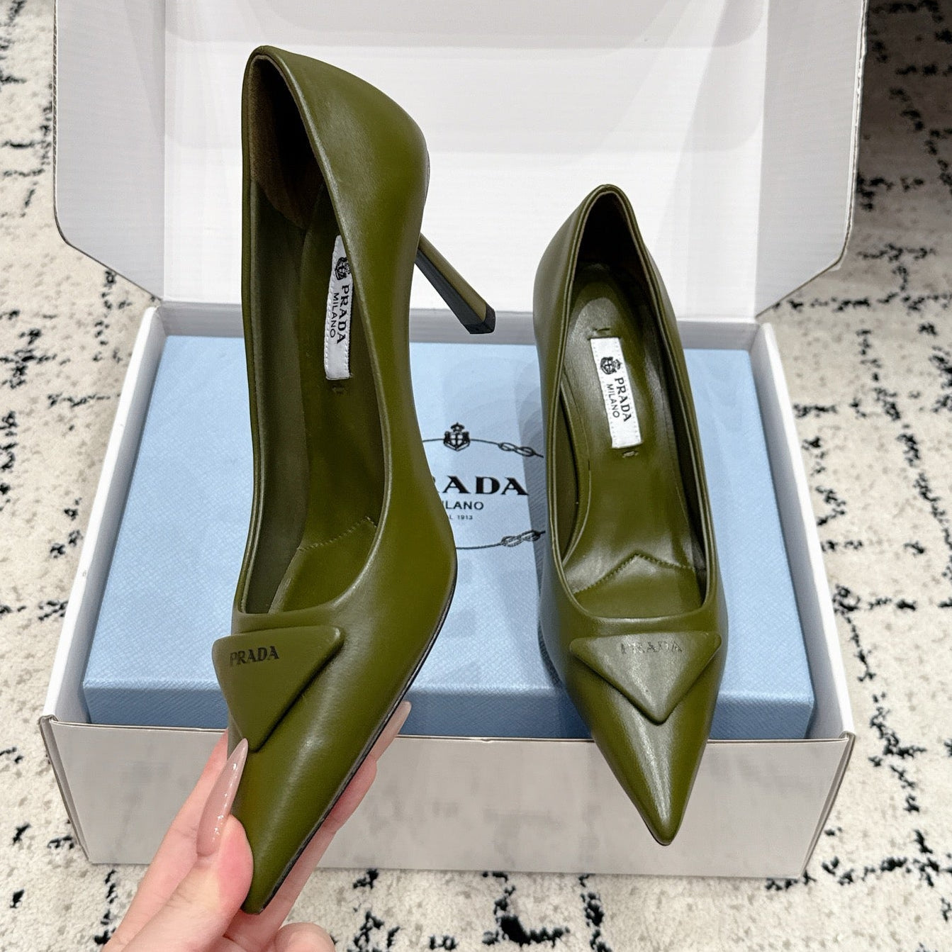 Prada 2026 Pump 75mm Olive Green Cowhide 858218