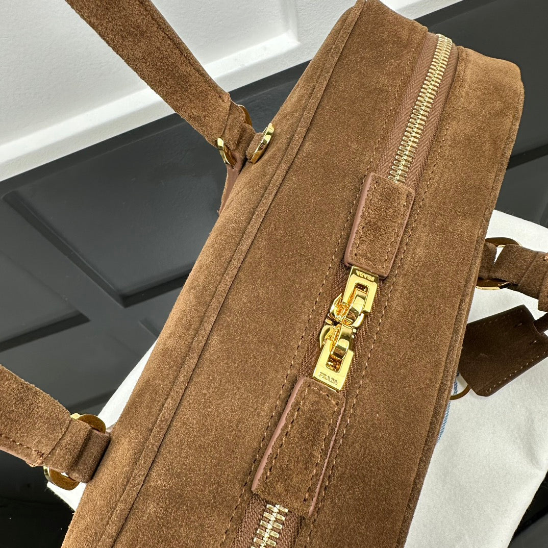 Prada 2026 Hobo Bowling Shoulder Bag 27cm Brown Suede Calfskin